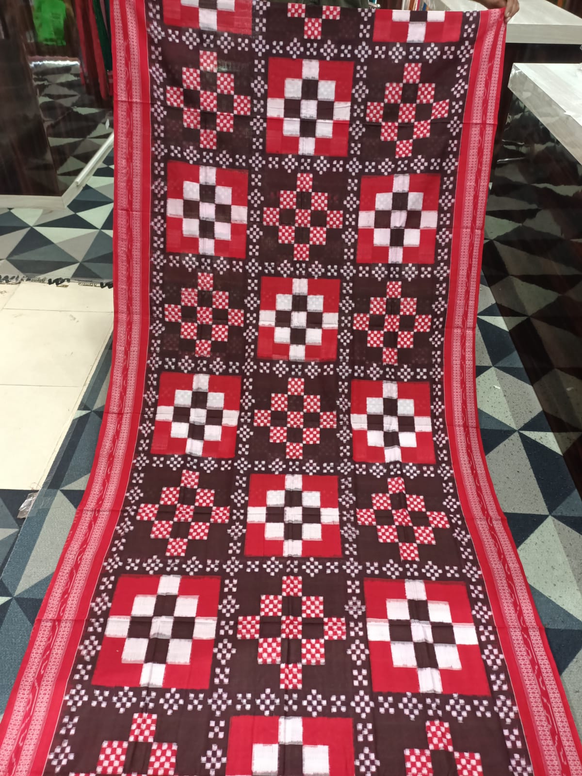 Black Red White Pasapali Sambalpuri Cotton Saree