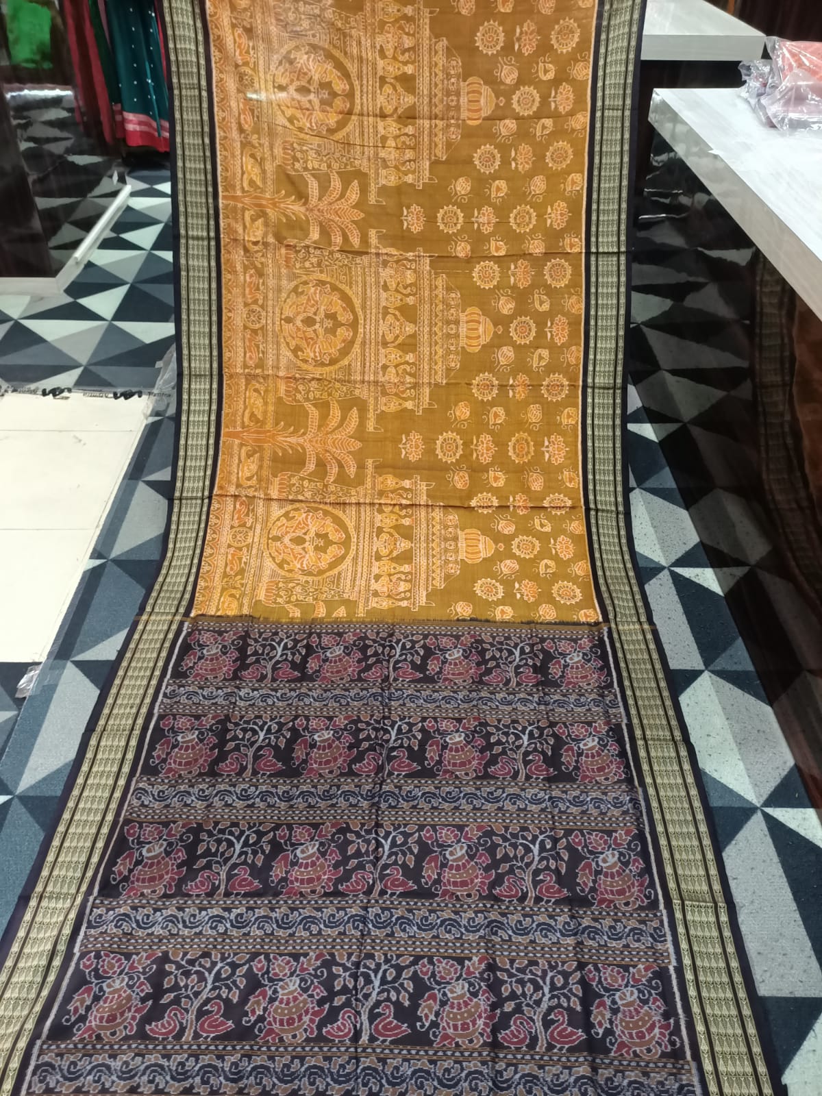 Mustard Black Temple & Chakra Sambalpuri Cotton Saree
