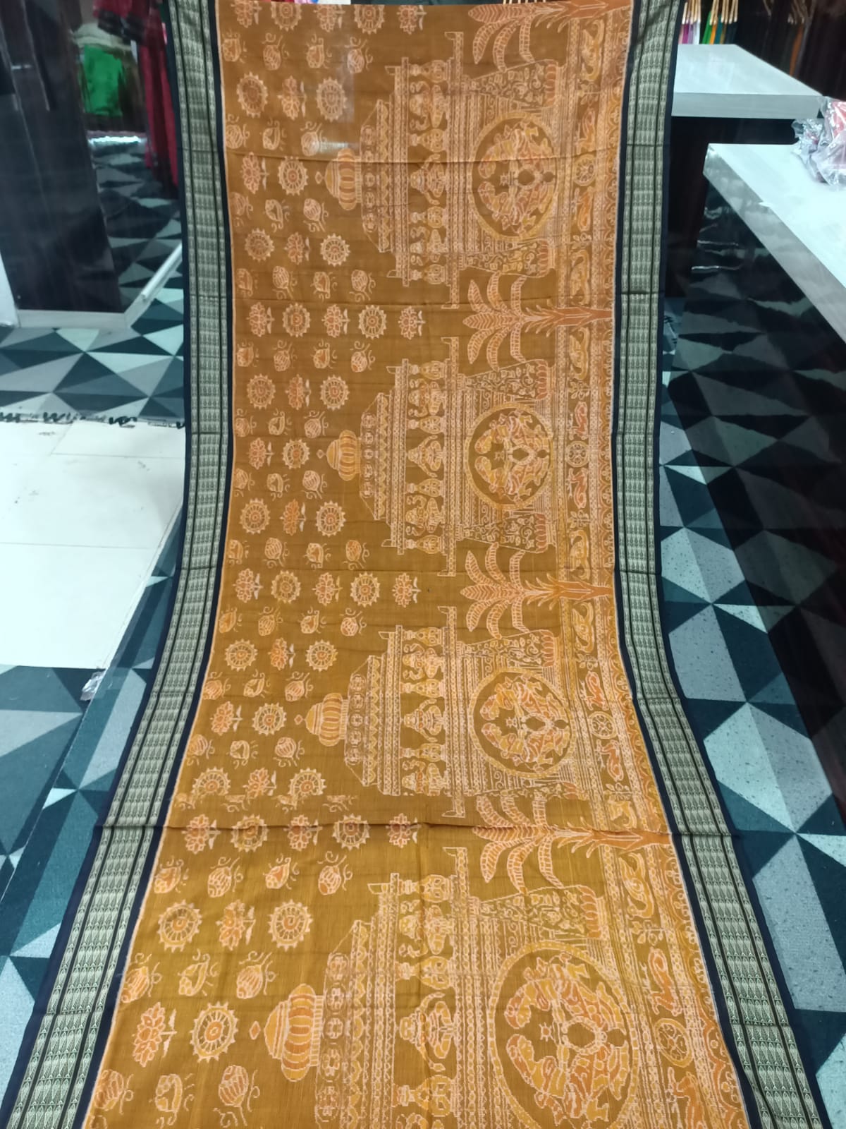 Mustard Black Temple & Chakra Sambalpuri Cotton Saree