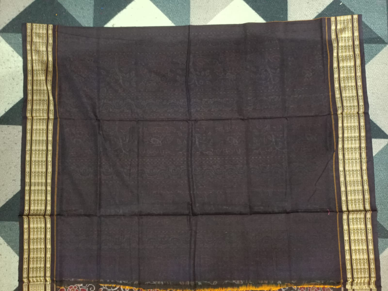 Mustard Black Temple & Chakra Sambalpuri Cotton Saree