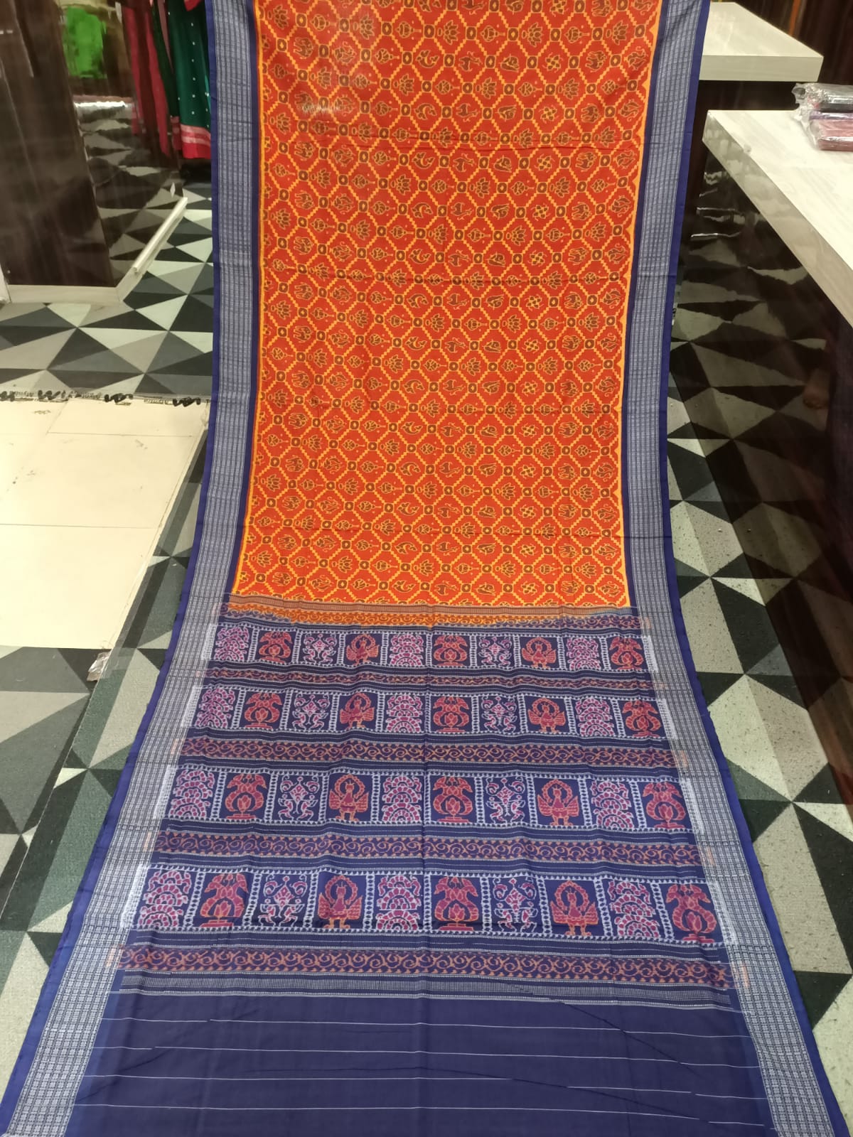 Orange Blue Traditional Motive Design Sambalpuri Cotton Saree