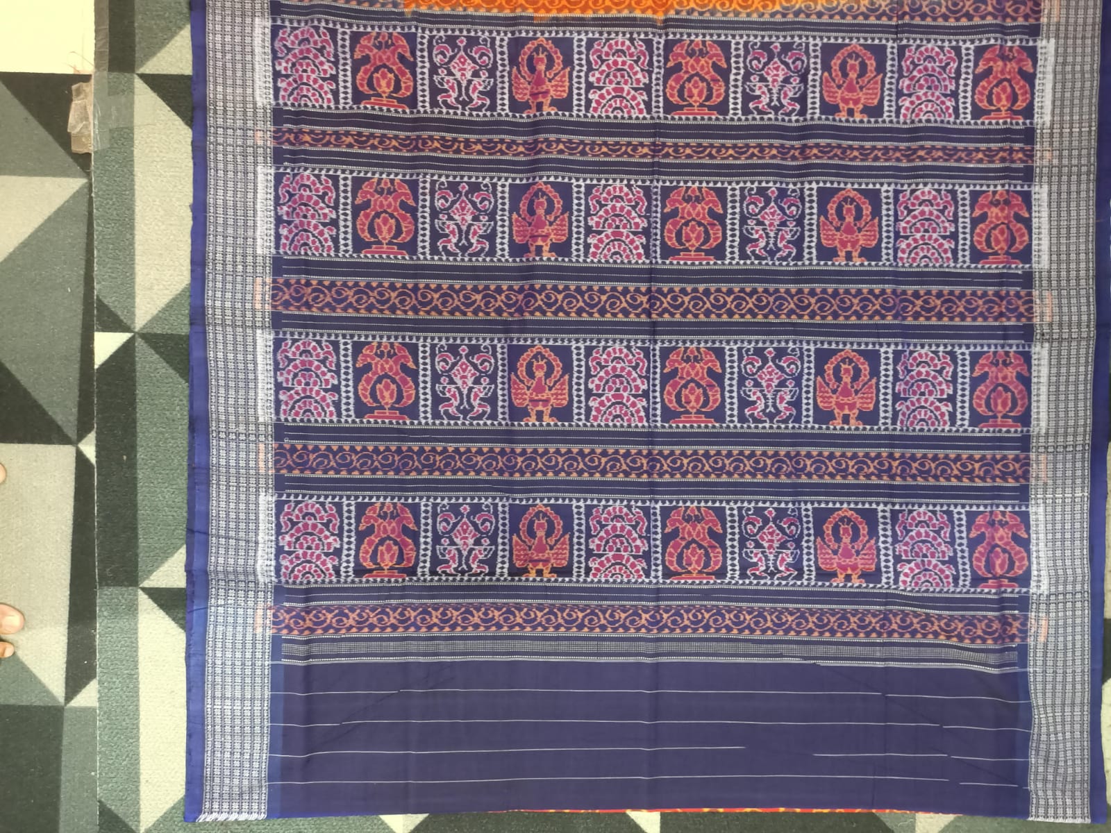 Orange Blue Traditional Motive Design Sambalpuri Cotton Saree