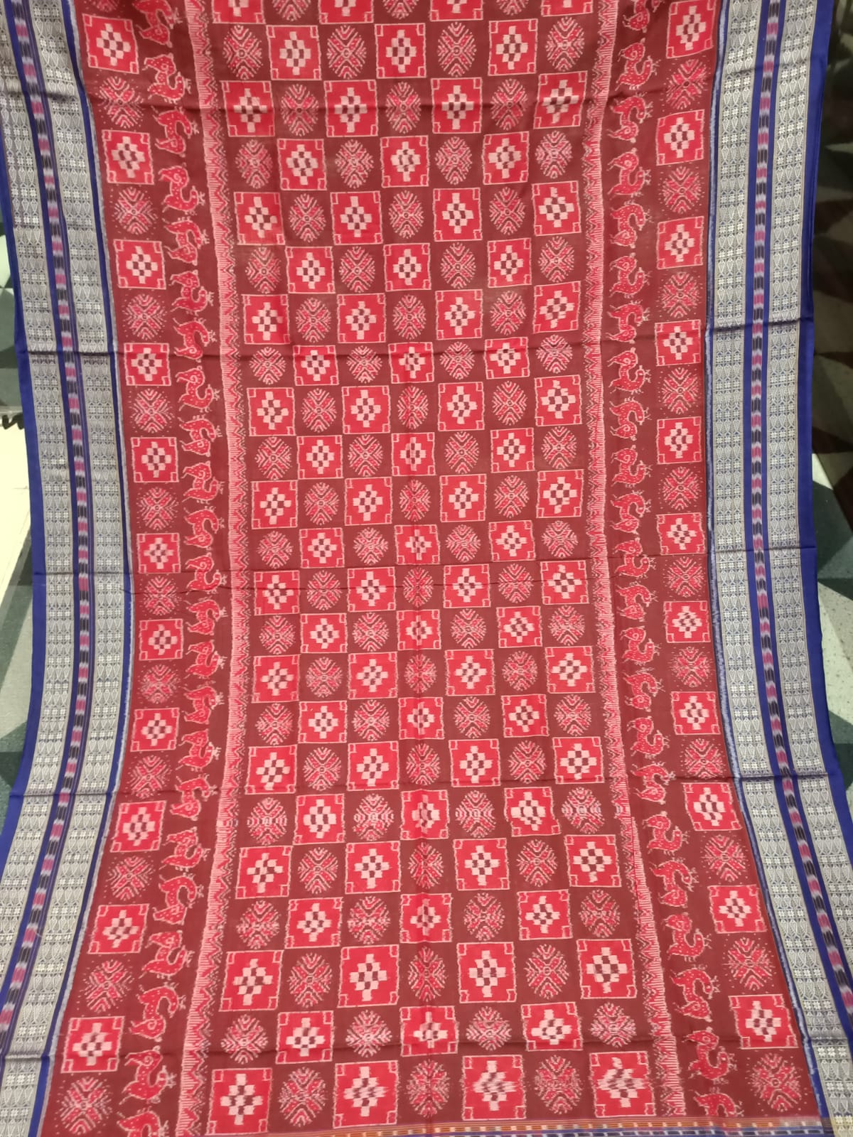 Red Blue Pasapali With Scot Deer Design Sambalpuri Cotton Saree