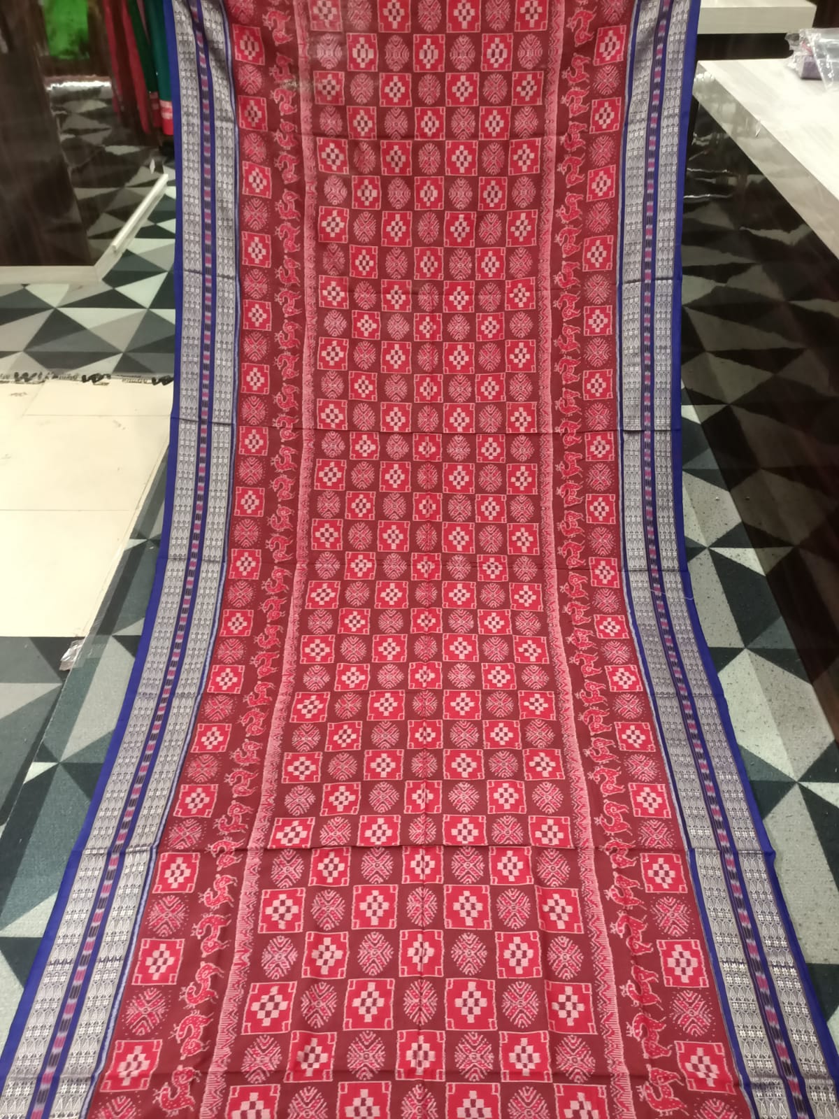 Red Blue Pasapali With Scot Deer Design Sambalpuri Cotton Saree