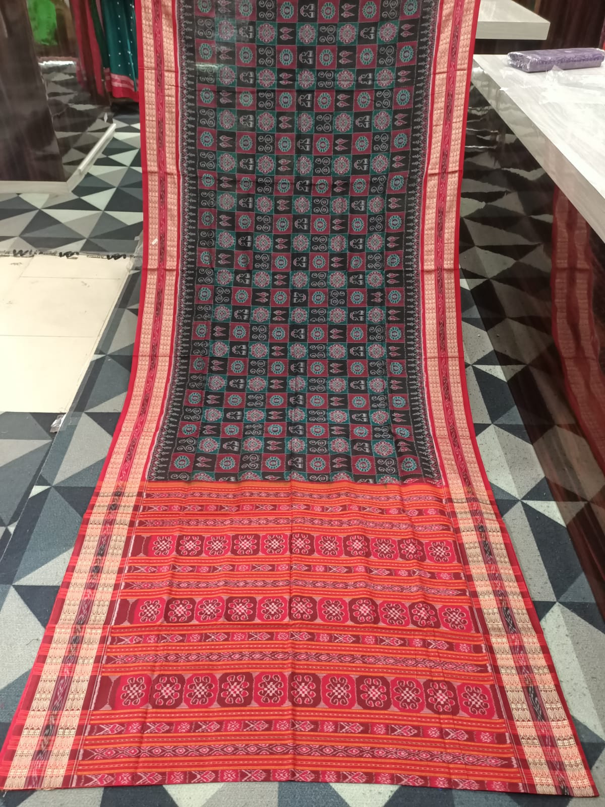 Black Red Laxmi Pada Jhoti Design Sambalpuri Cotton Saree