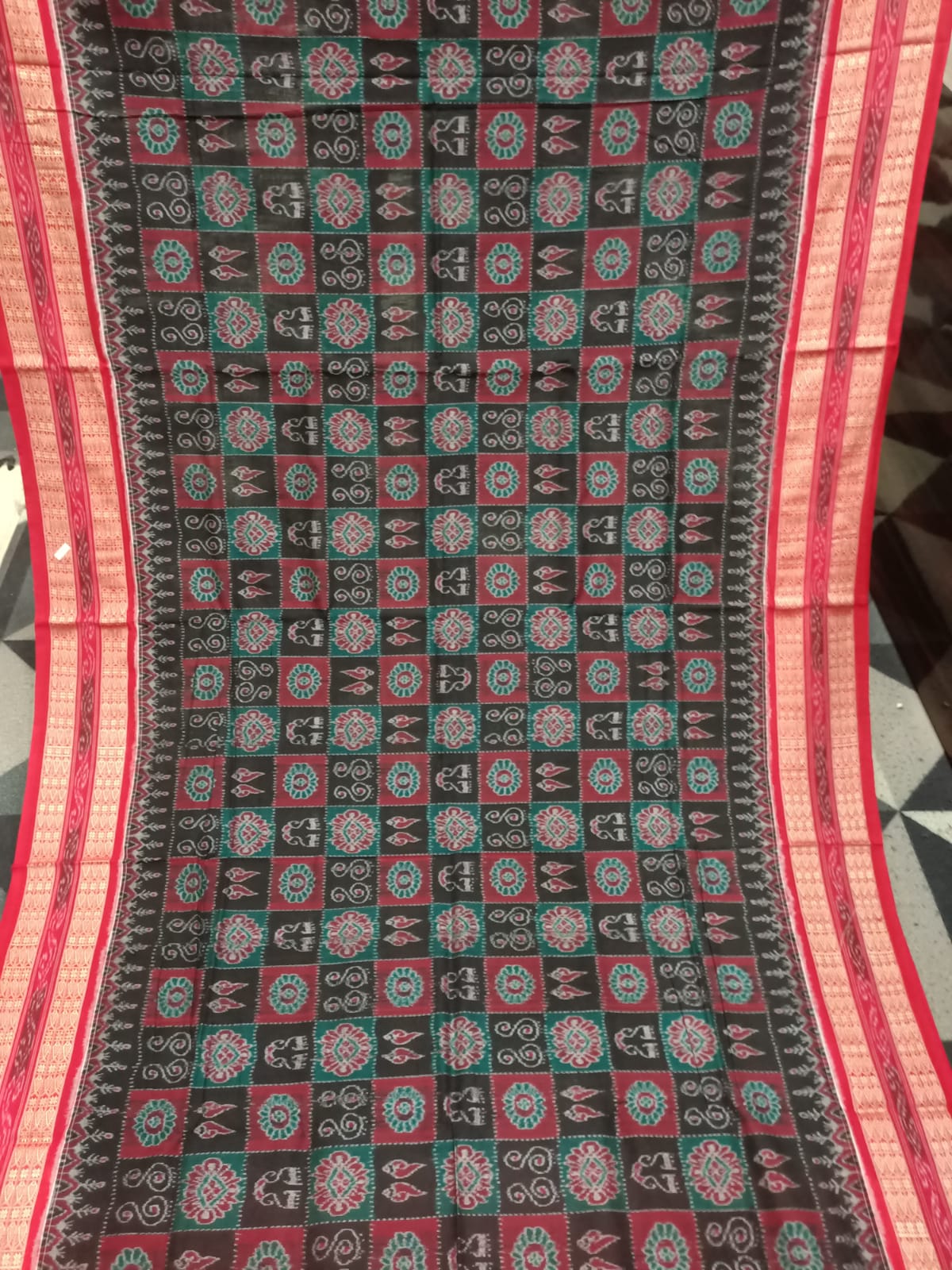 Black Red Laxmi Pada Jhoti Design Sambalpuri Cotton Saree