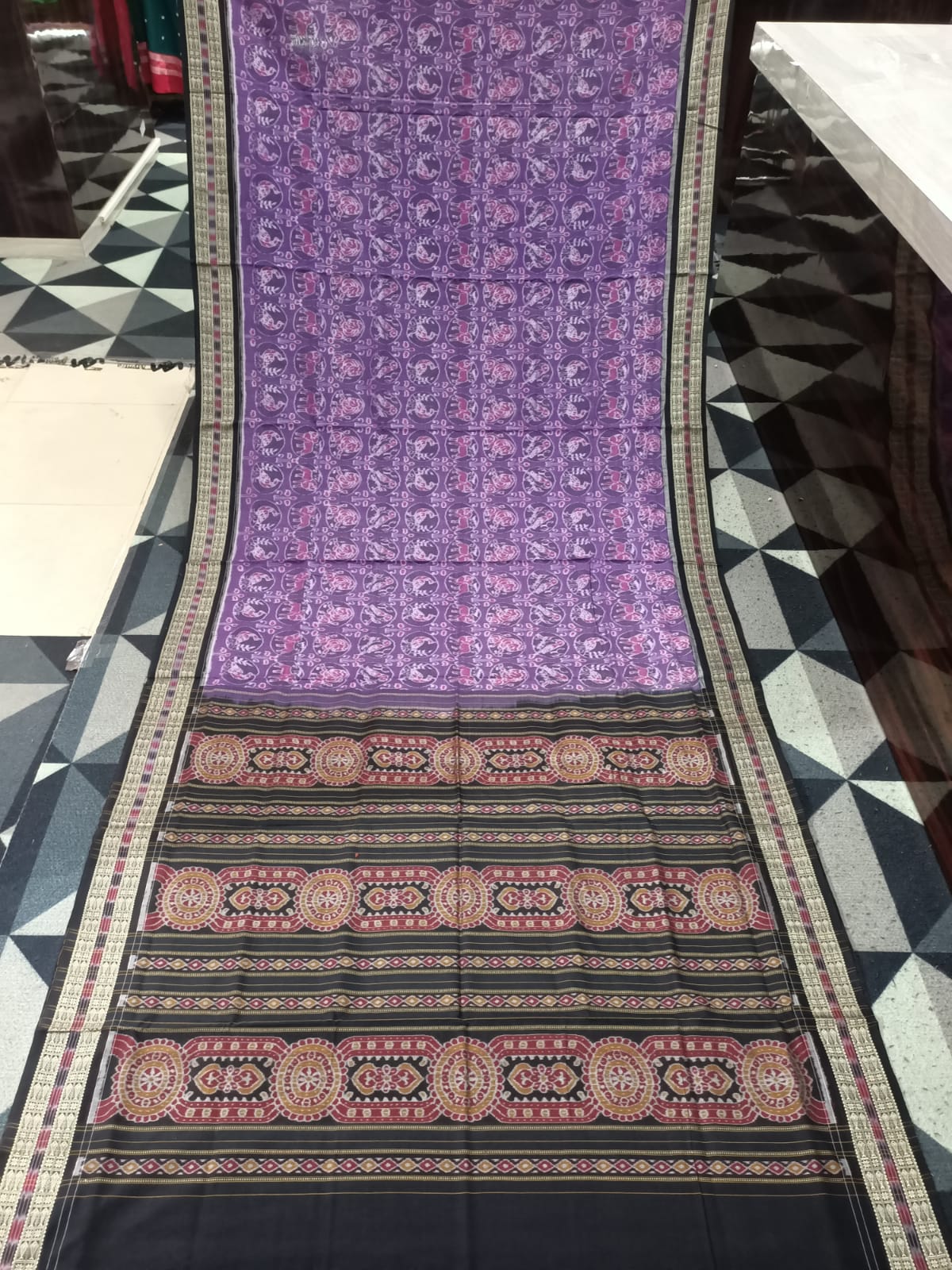 Purple Black Animal  Design Sambalpuri Cotton Saree
