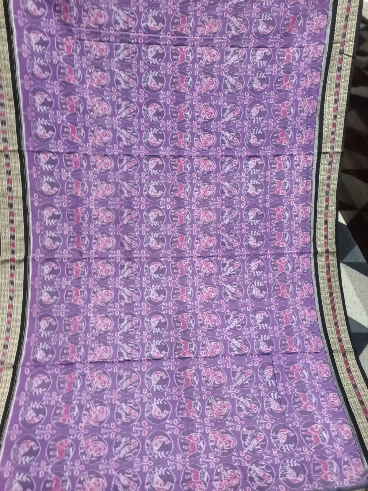 Purple Black Animal  Design Sambalpuri Cotton Saree
