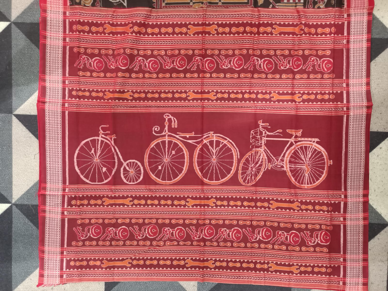 Black Maroon Bicycle Design Sambalpuri Cotton Saree