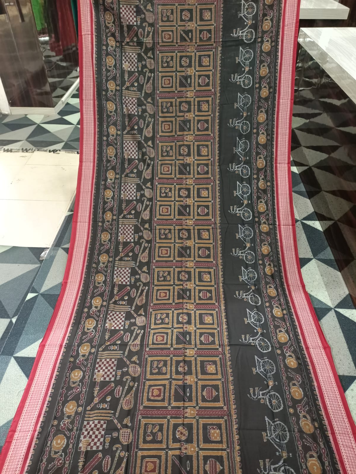 Black Maroon Bicycle Design Sambalpuri Cotton Saree