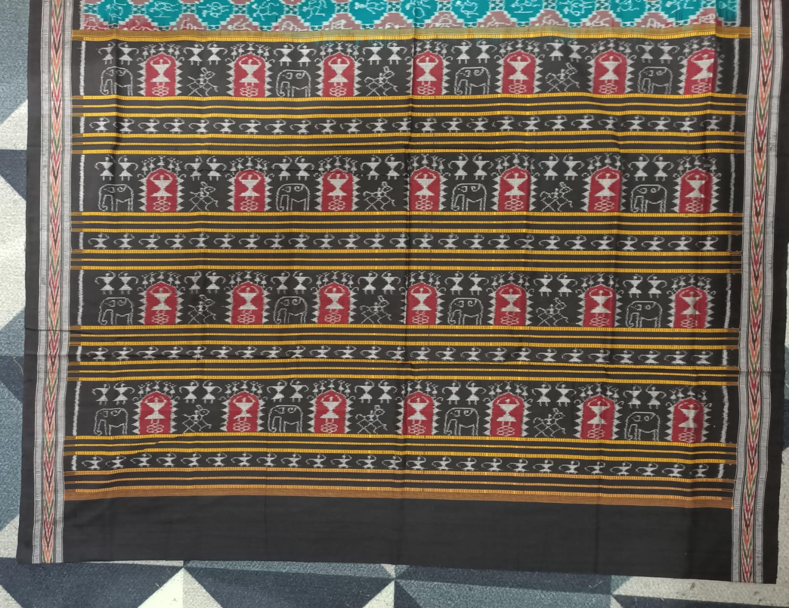 Rama Green Black Tribal  Design Sambalpuri Cotton Saree