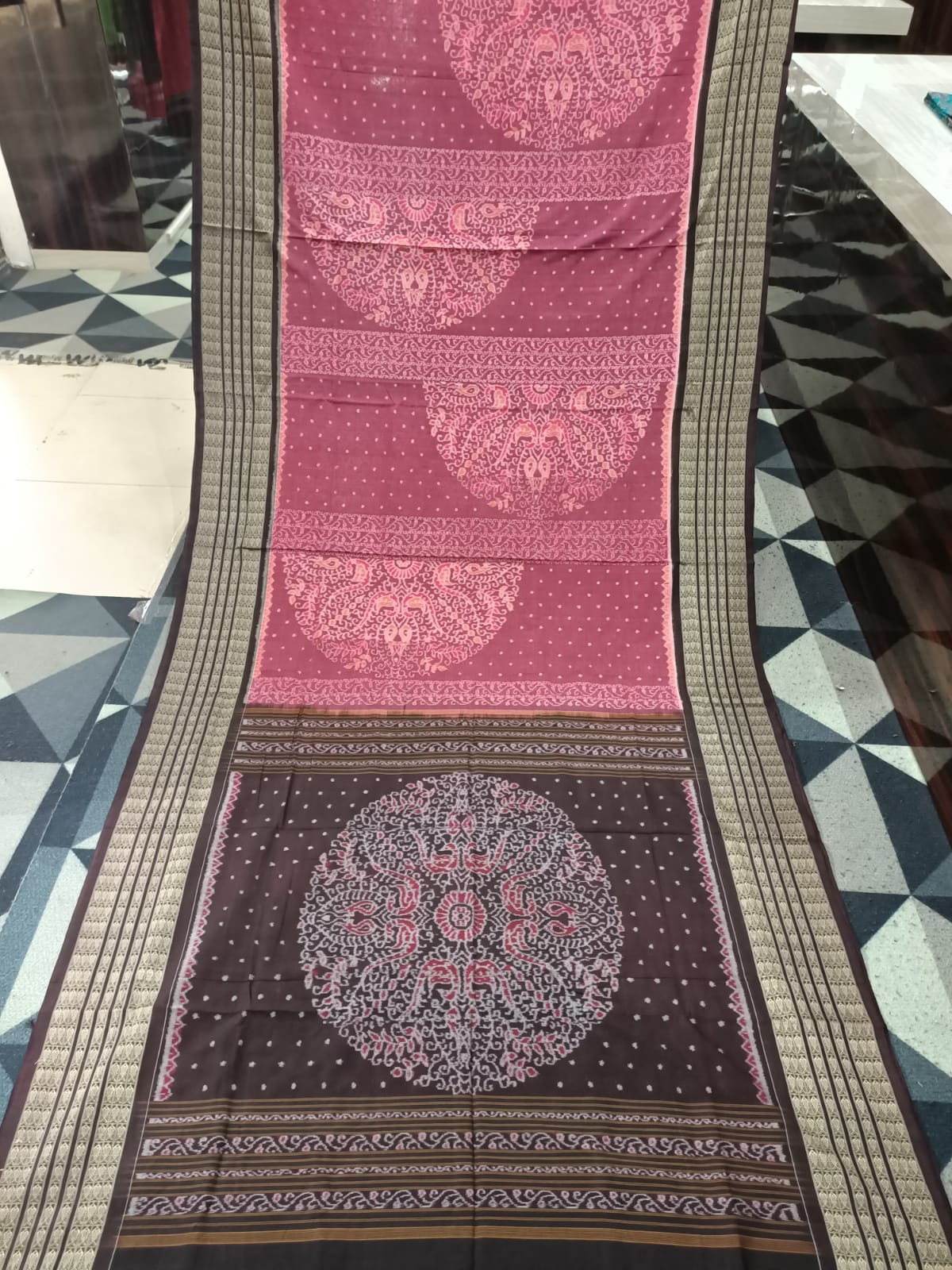 Peach Coffee Half Circle Lata Design Sambalpuri Cotton Saree
