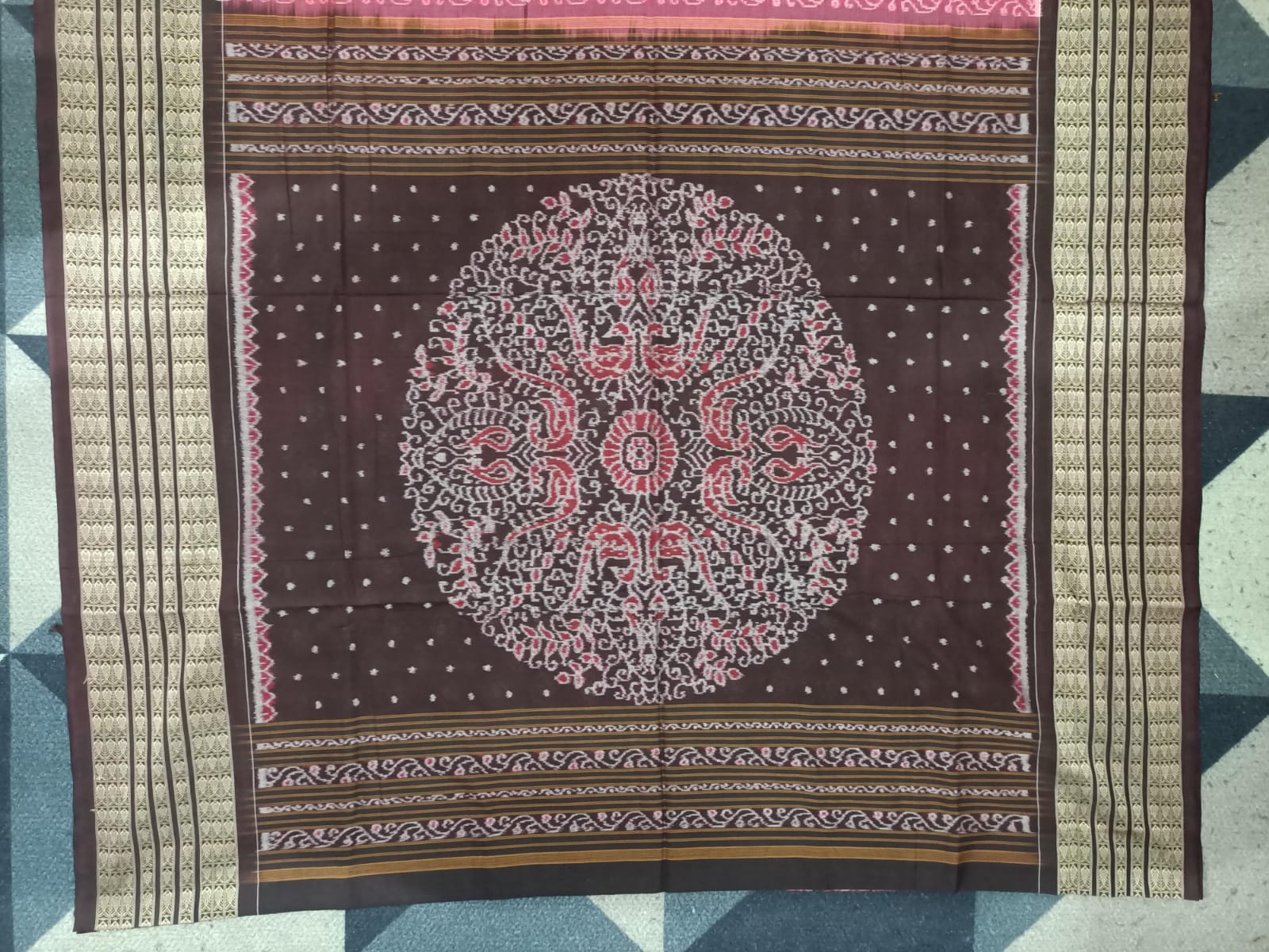 Peach Coffee Half Circle Lata Design Sambalpuri Cotton Saree