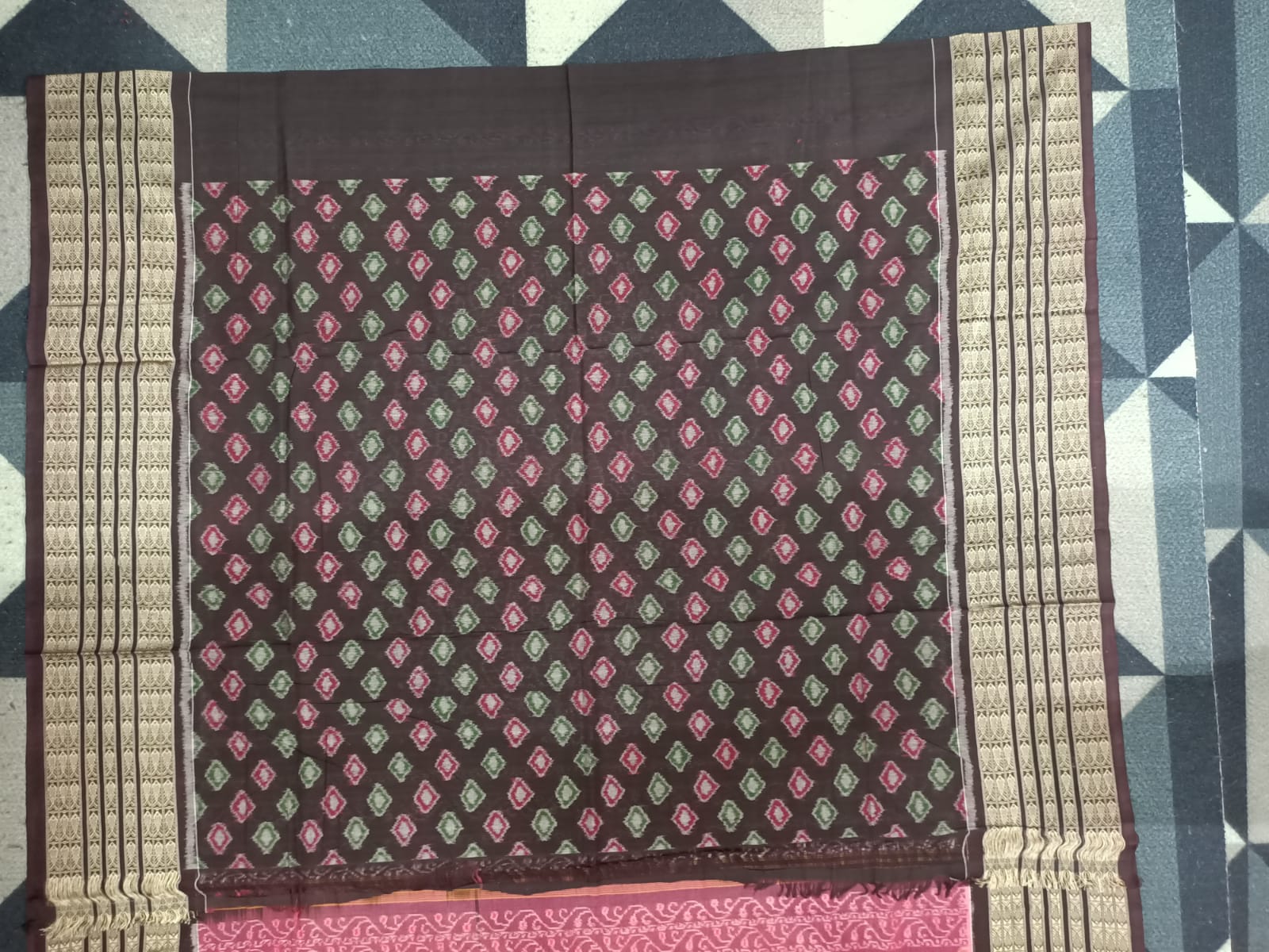 Peach Coffee Half Circle Lata Design Sambalpuri Cotton Saree