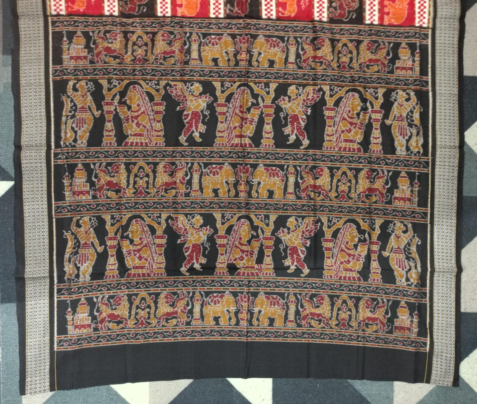 Black Maroon White 7 Kothi Animal Design Sambalpuri Cotton Saree