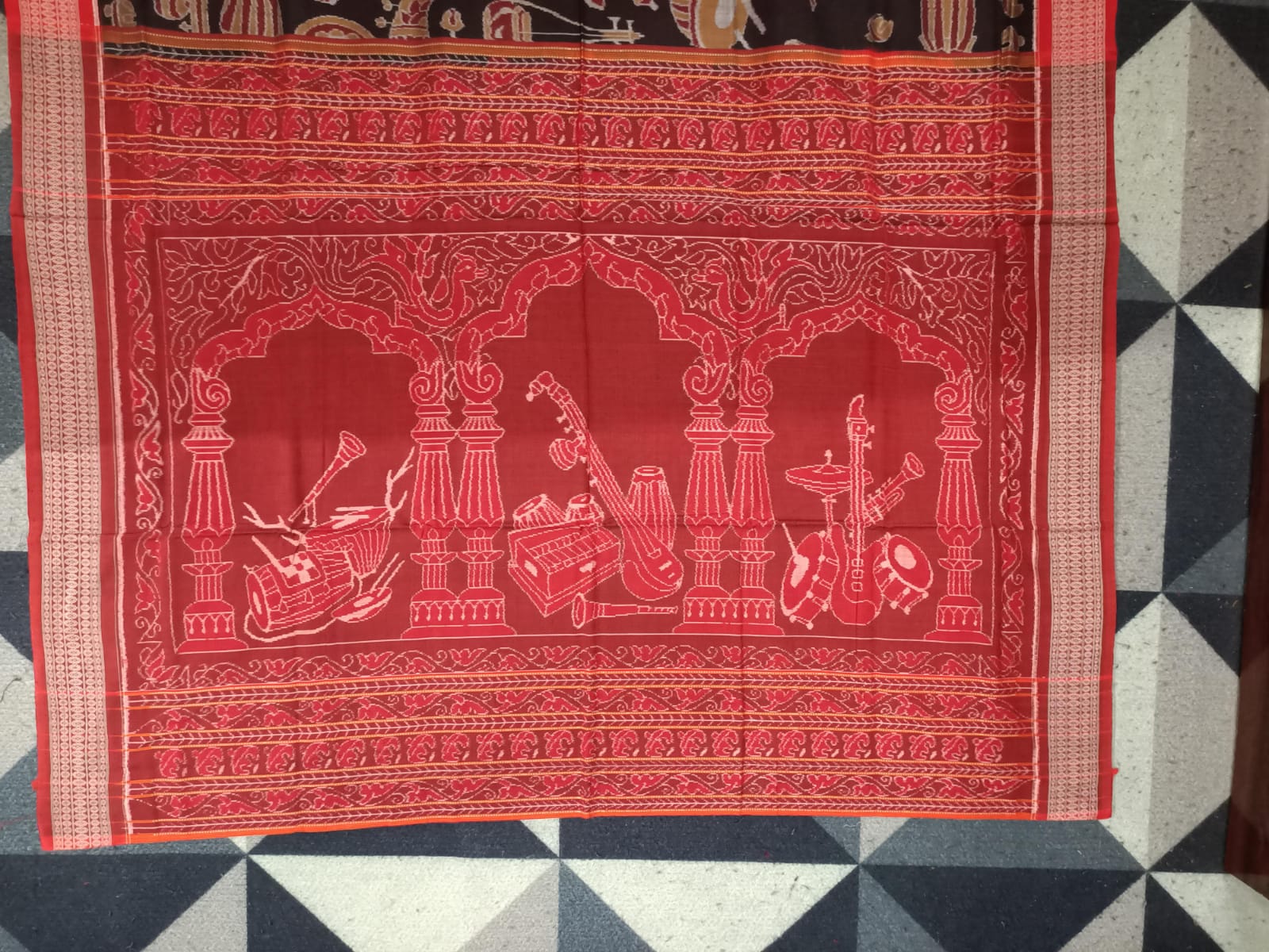 Black Red Musical Instrument Design Sambalpuri Cotton Saree