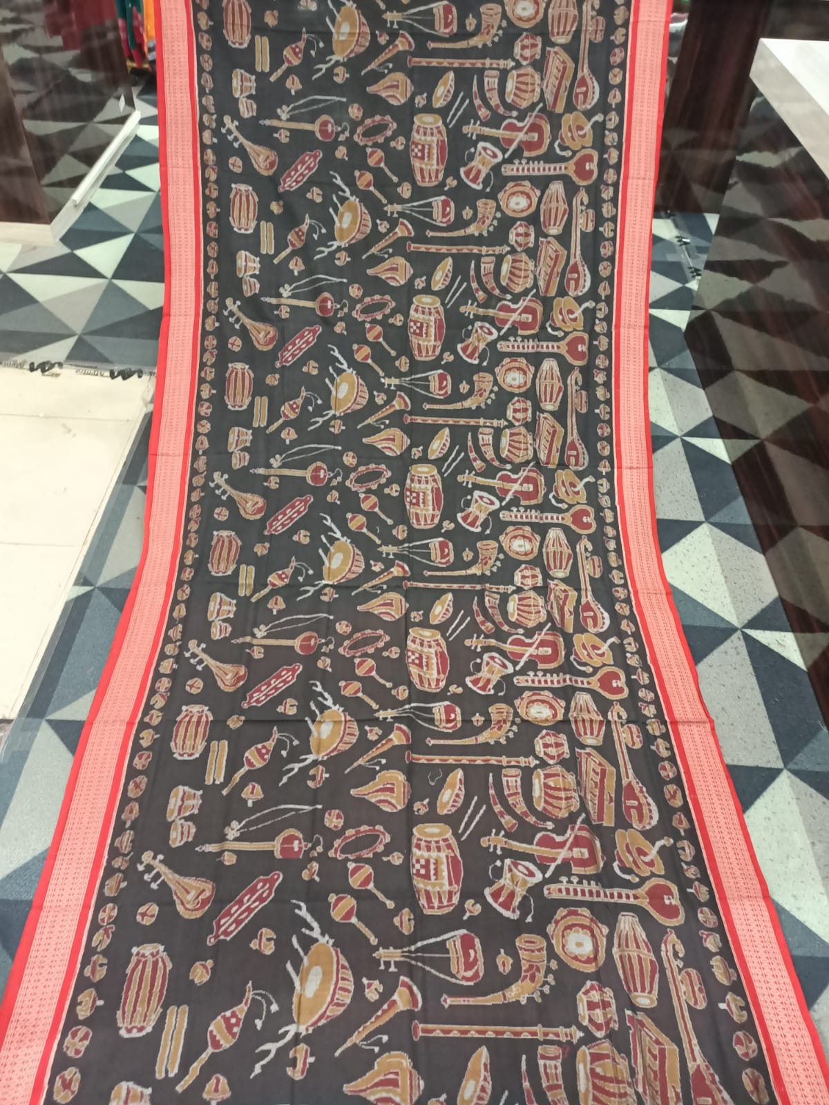 Black Red Musical Instrument Design Sambalpuri Cotton Saree