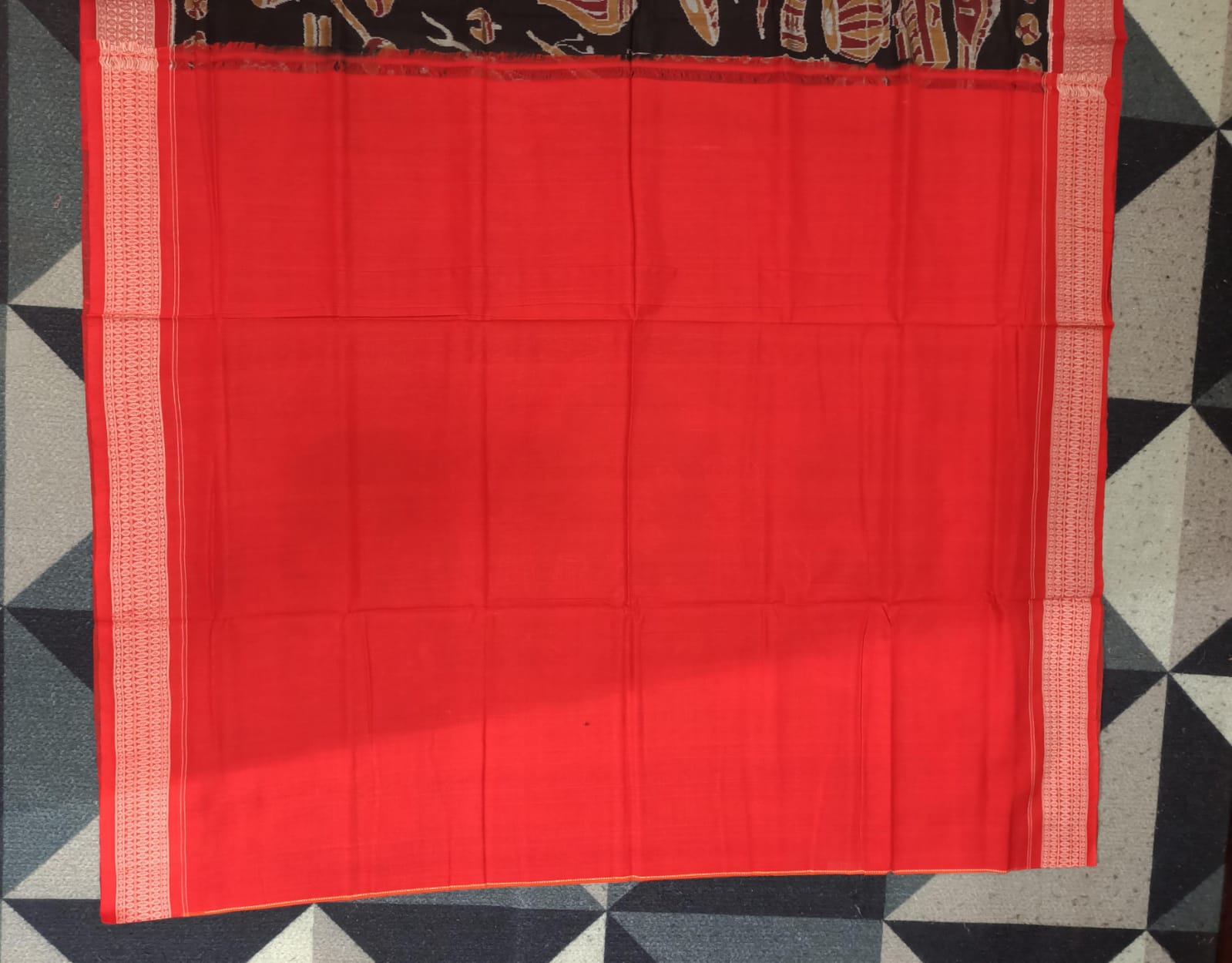 Black Red Musical Instrument Design Sambalpuri Cotton Saree