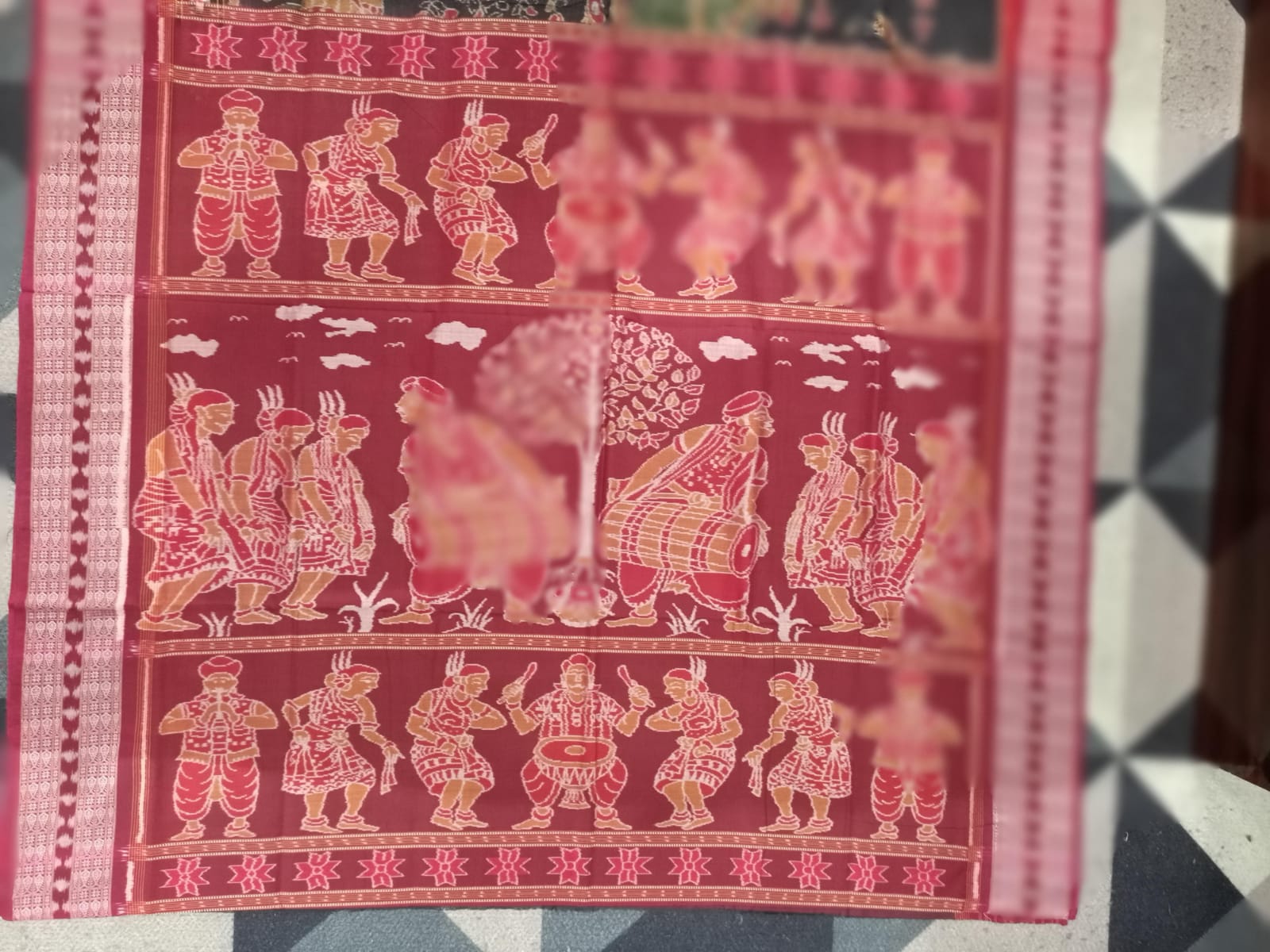 Black Maroon Body Multicolour Sambalpuri Dance Design Sambalpuri Cotton Saree