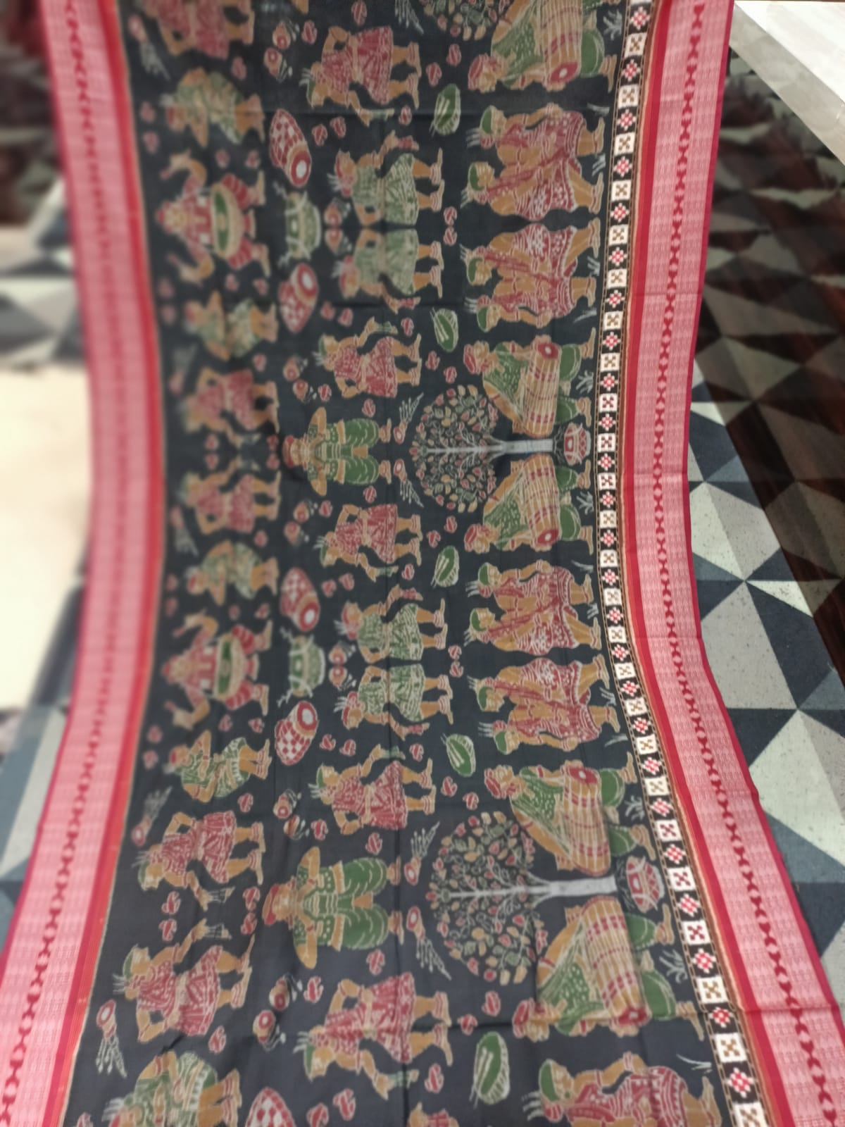 Black Maroon Body Multicolour Sambalpuri Dance Design Sambalpuri Cotton Saree