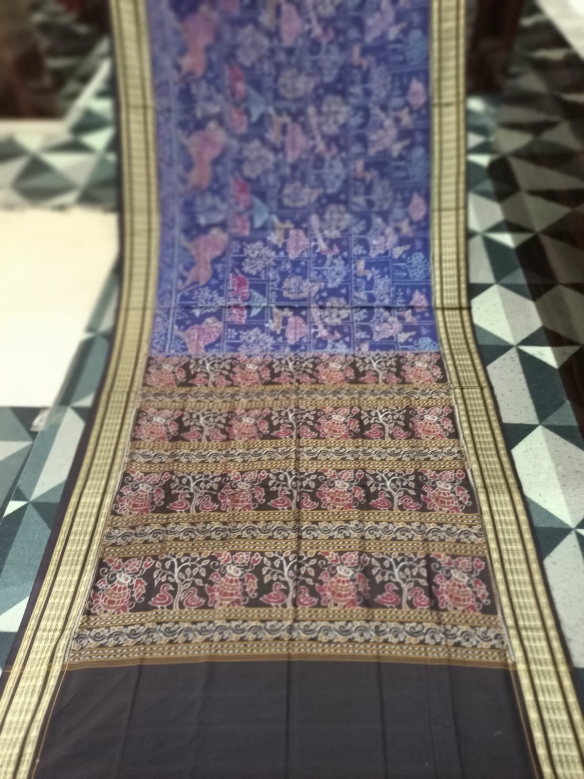 Navy Blue Coffee Jangal Design Sambalpuri Cotton Saree
