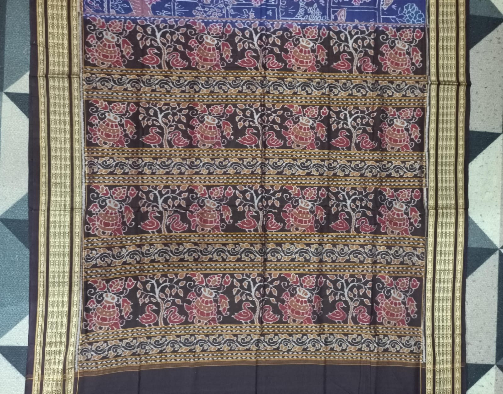 Navy Blue Coffee Jangal Design Sambalpuri Cotton Saree