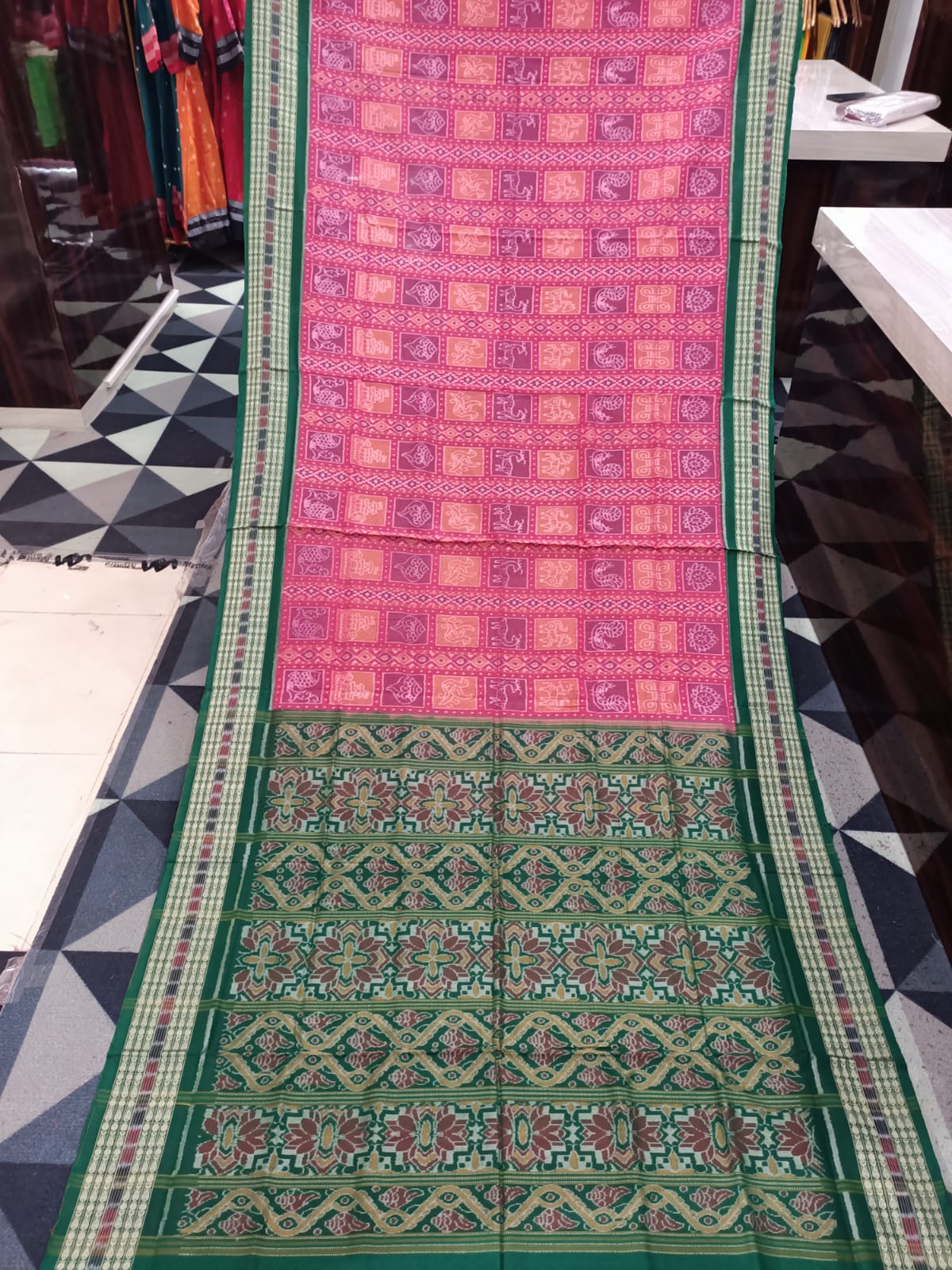Peach Green Nabakothi Design Sambalpuri Cotton Saree