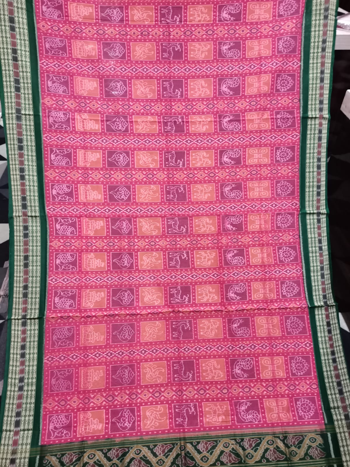 Peach Green Nabakothi Design Sambalpuri Cotton Saree