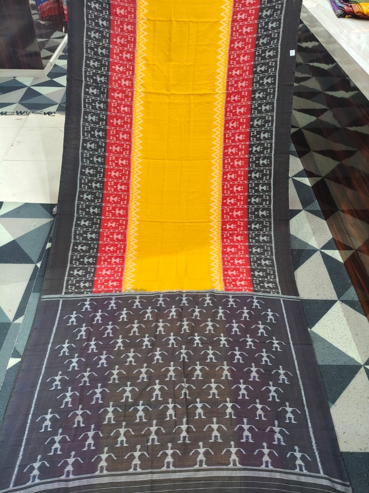 Yellow Black Red Scot Tribal Design Khandua Cotton Saree