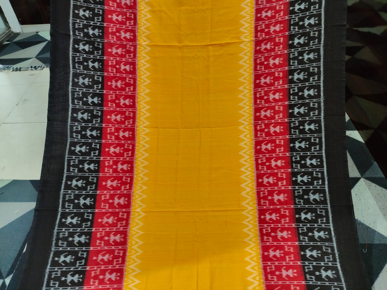 Yellow Black Red Scot Tribal Design Khandua Cotton Saree