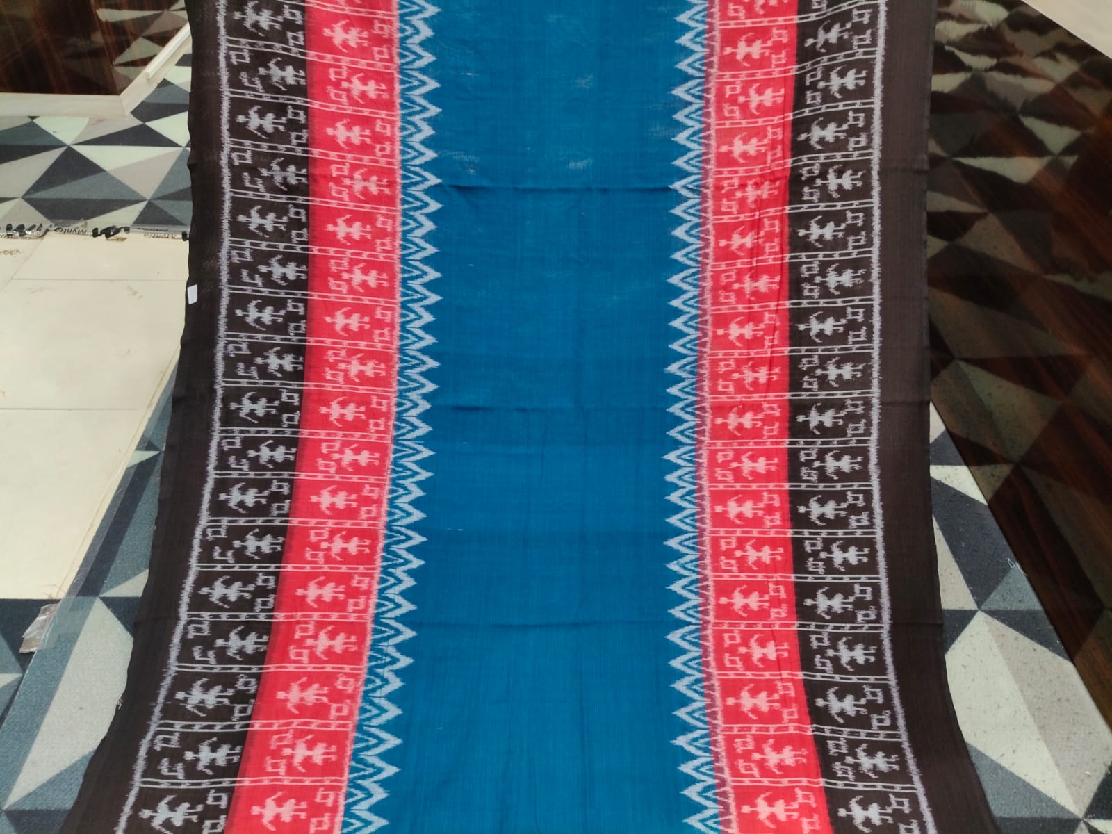 Teal Blue Black Red Scot Tribal Design Khandua Cotton Saree