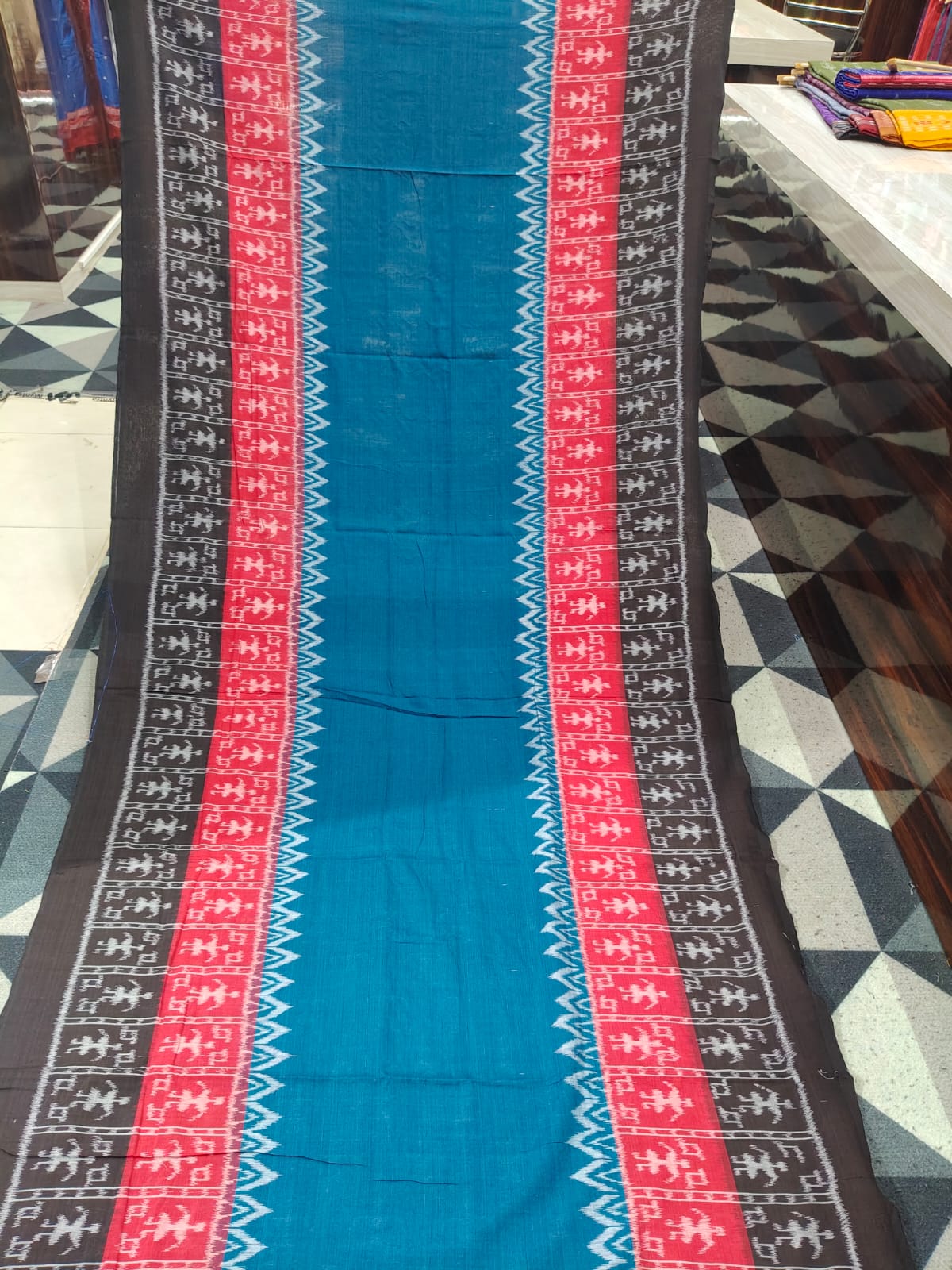 Teal Blue Black Red Scot Tribal Design Khandua Cotton Saree