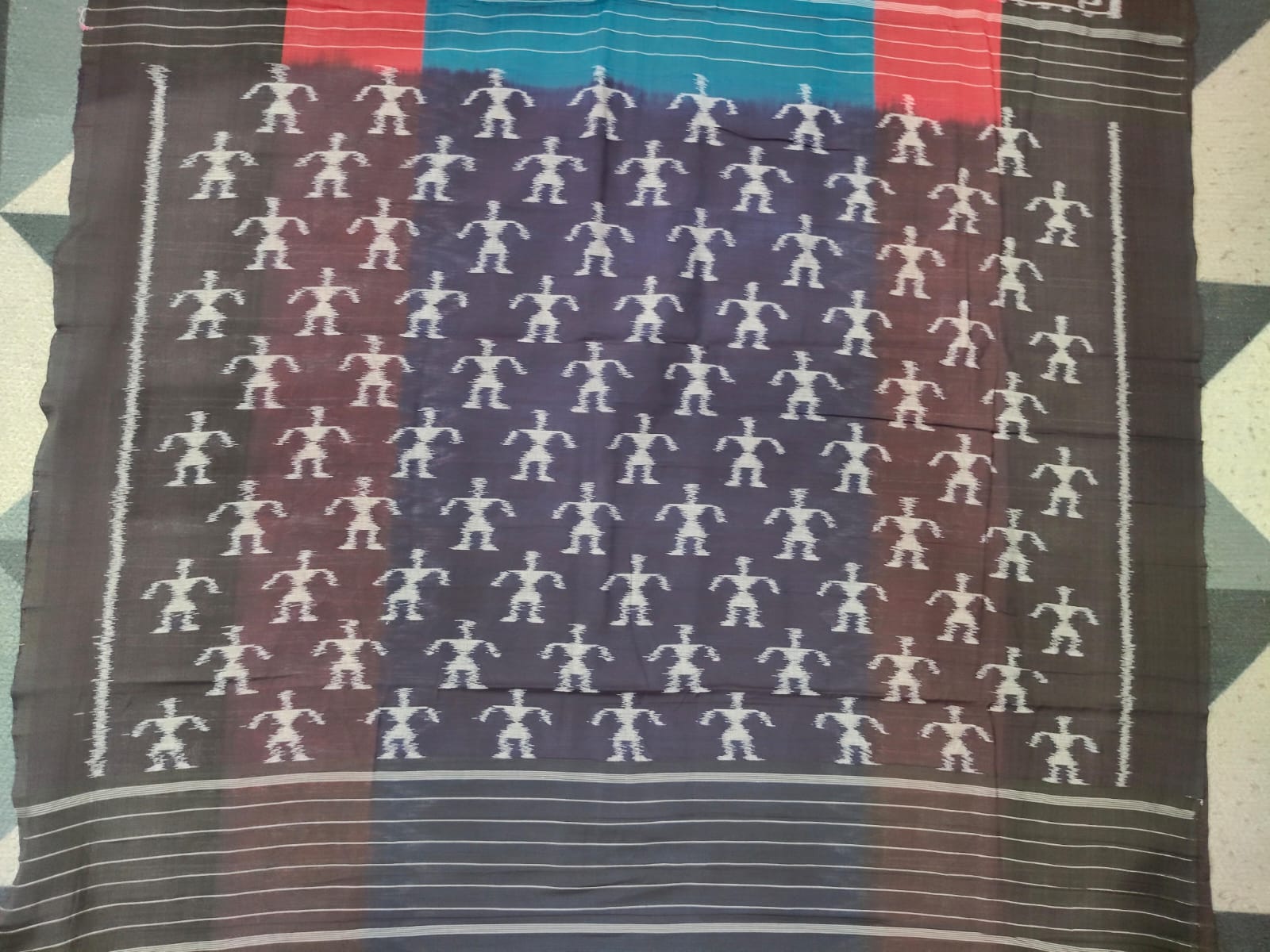 Teal Blue Black Red Scot Tribal Design Khandua Cotton Saree