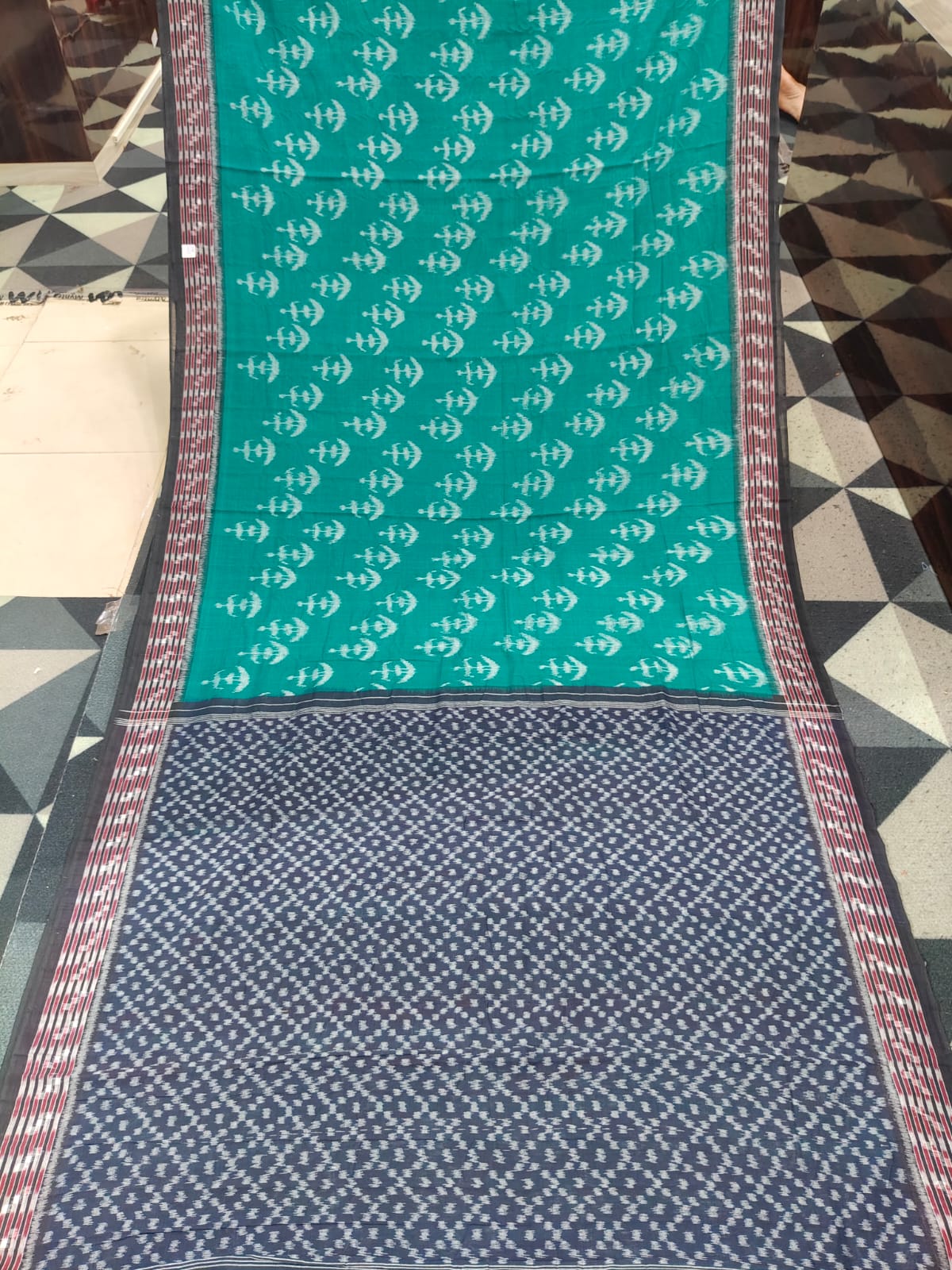 Rama Green Black Tribal Design Khandua Cotton Saree