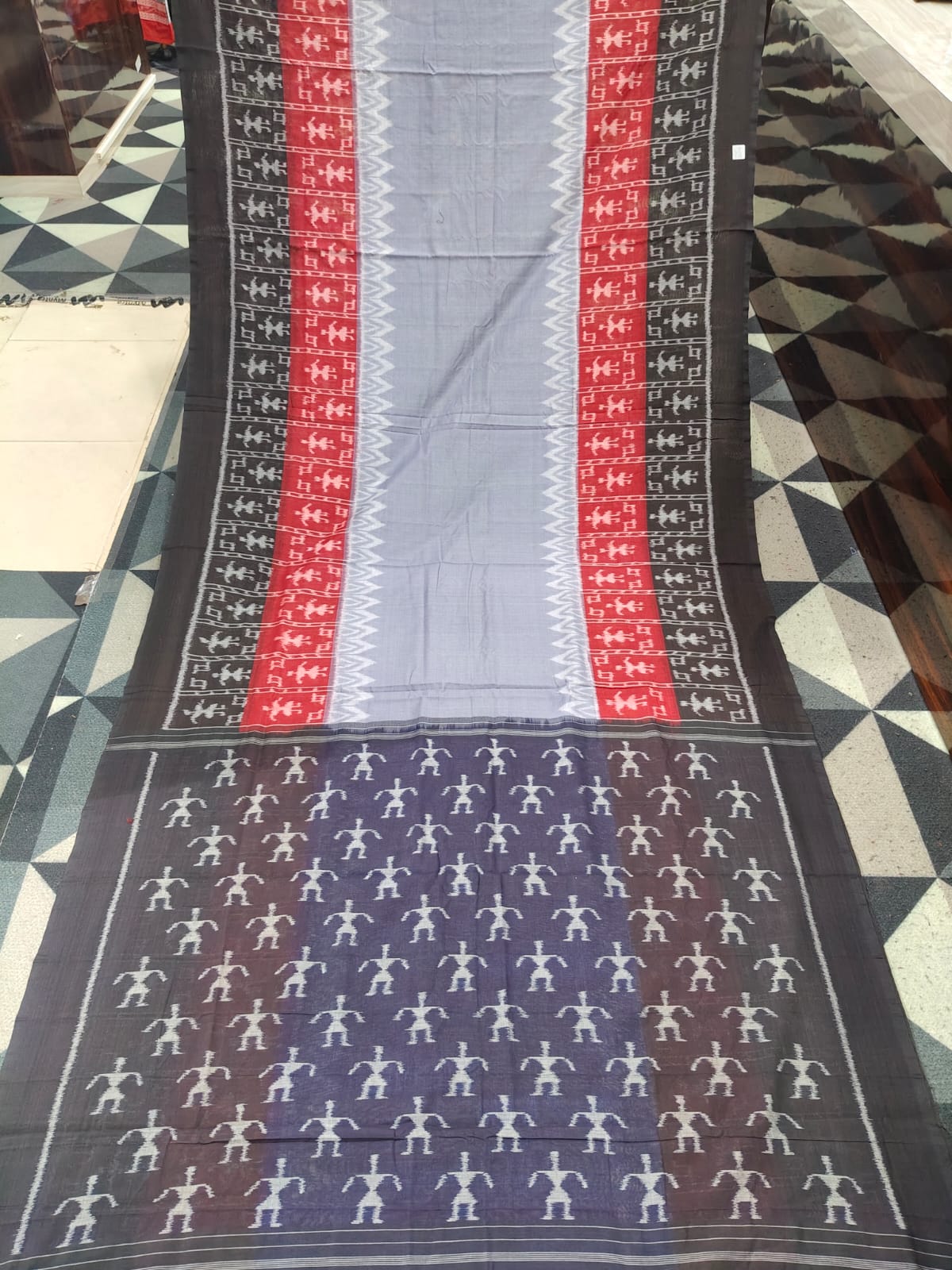 Grey Black Red Scot Tribal Design Khandua Cotton Saree