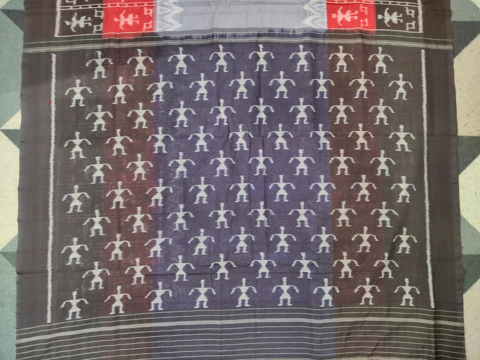 Grey Black Red Scot Tribal Design Khandua Cotton Saree