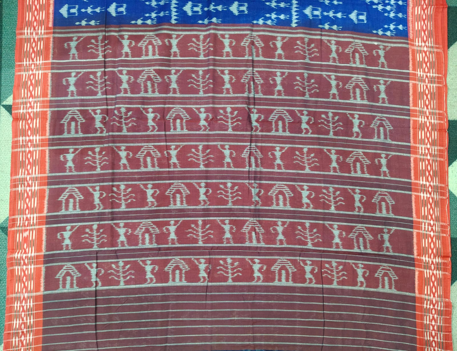 Blue Red Tribal Khandua Cotton Saree