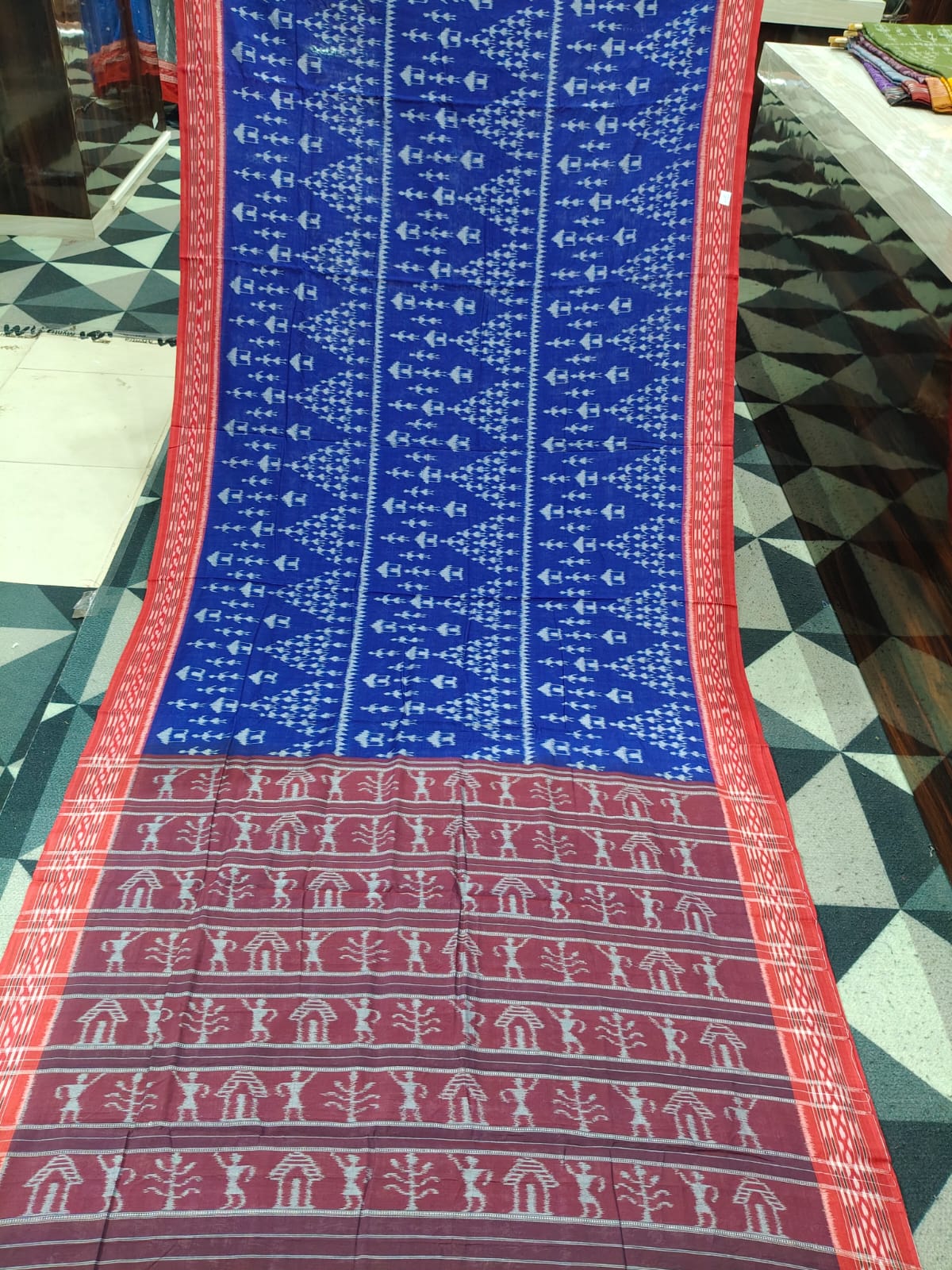 Blue Red Tribal Khandua Cotton Saree