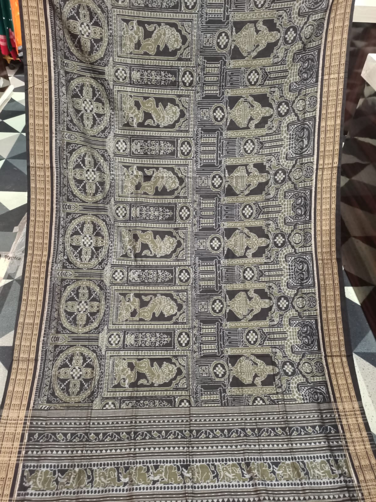 Black Mehendi Green Konark Chakra & Dancer Design Sambalpuri Cotton Saree