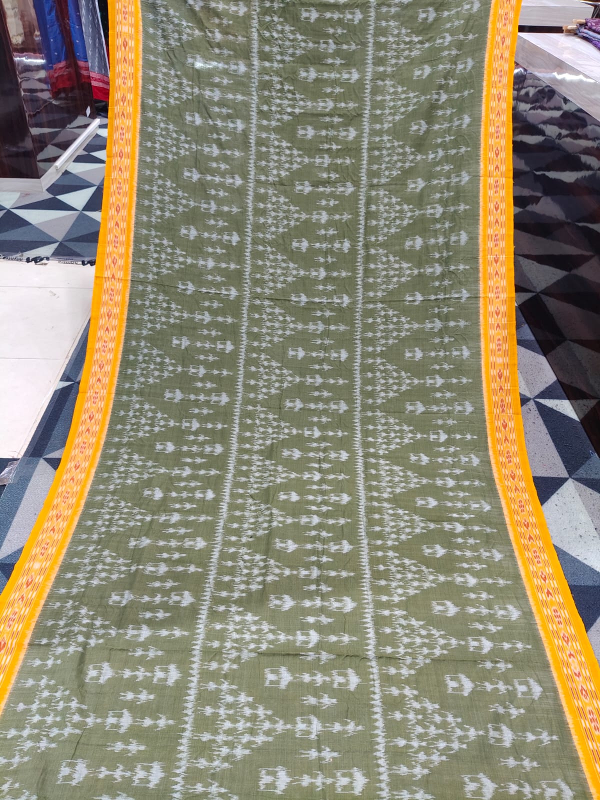 Mehendi Green Yellow Tribal Khandua Cotton Saree