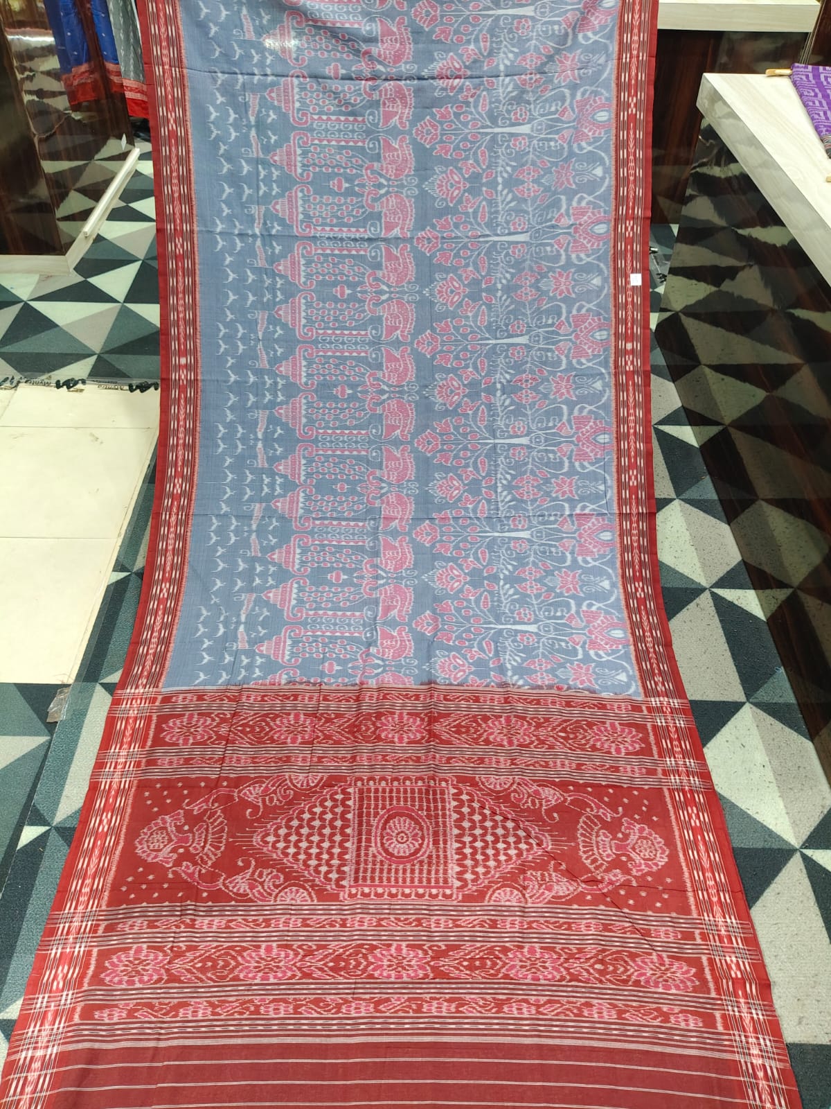 Grey Red Tree Design Khandua Cotton Saree