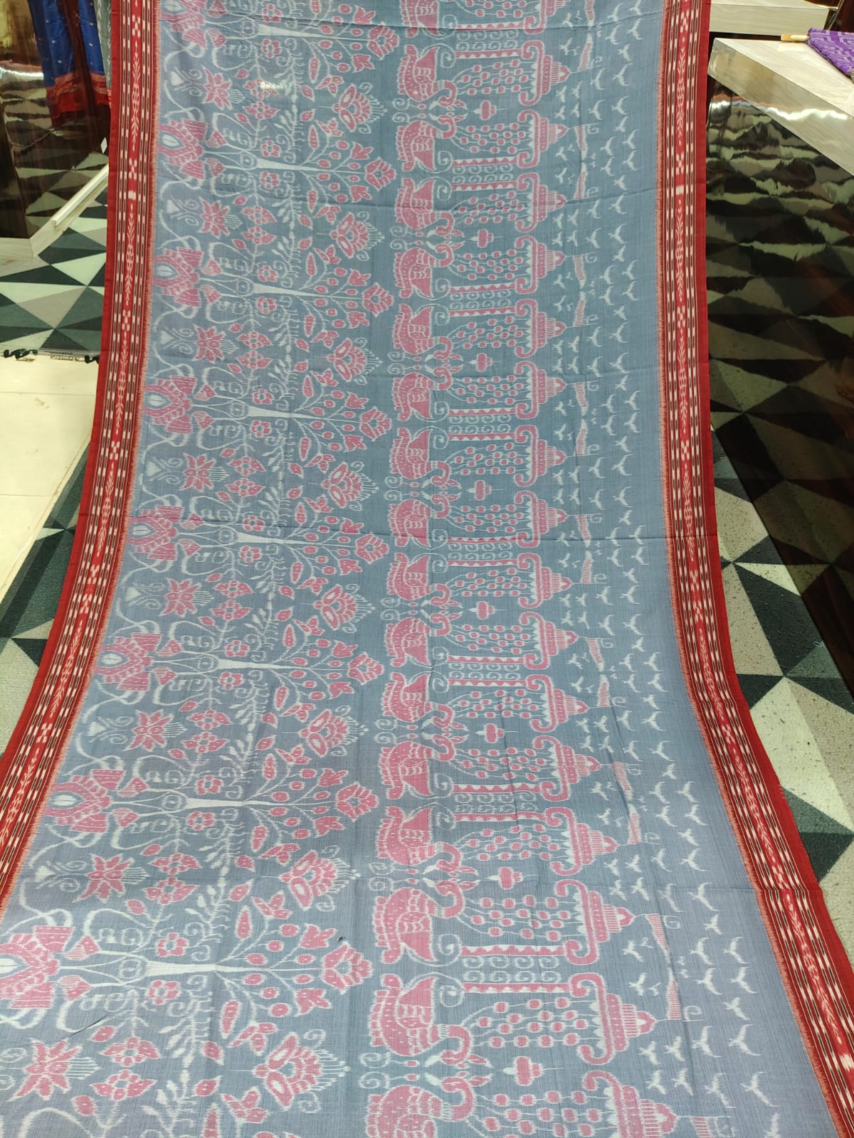 Grey Red Tree Design Khandua Cotton Saree