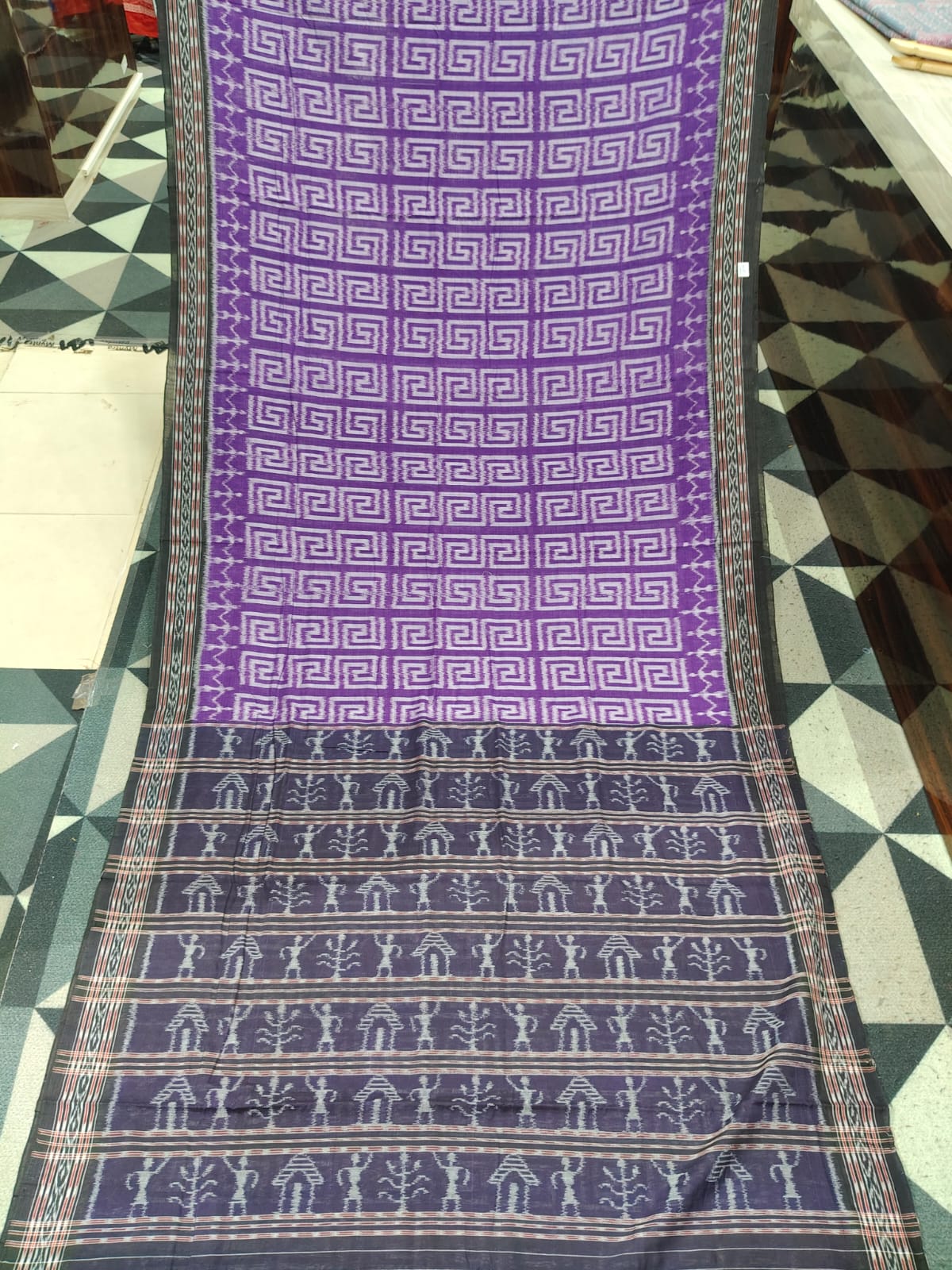 Purple Black Ikat Design Khandua Cotton Saree