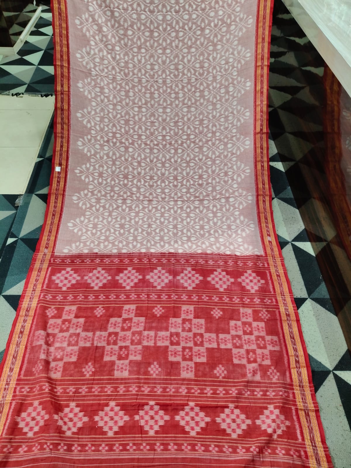Peach Red Flower Design Khandua Cotton Saree