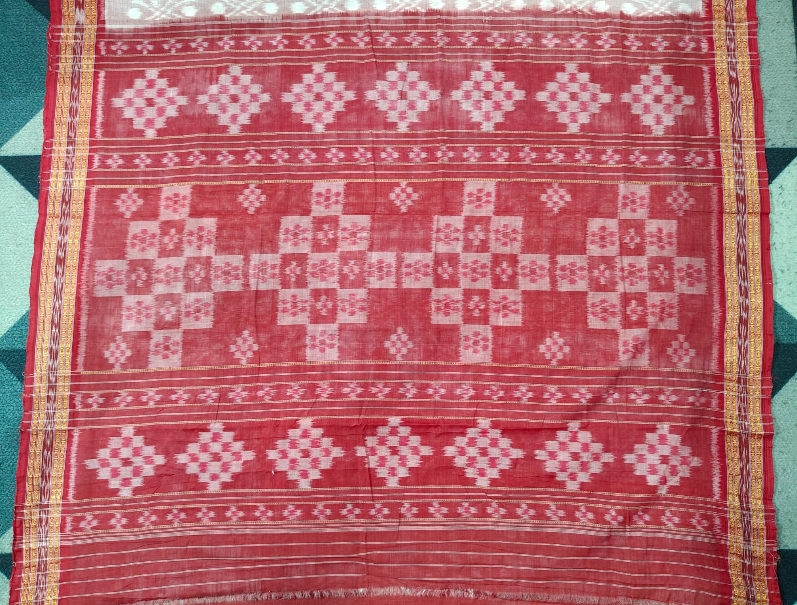 Peach Red Flower Design Khandua Cotton Saree