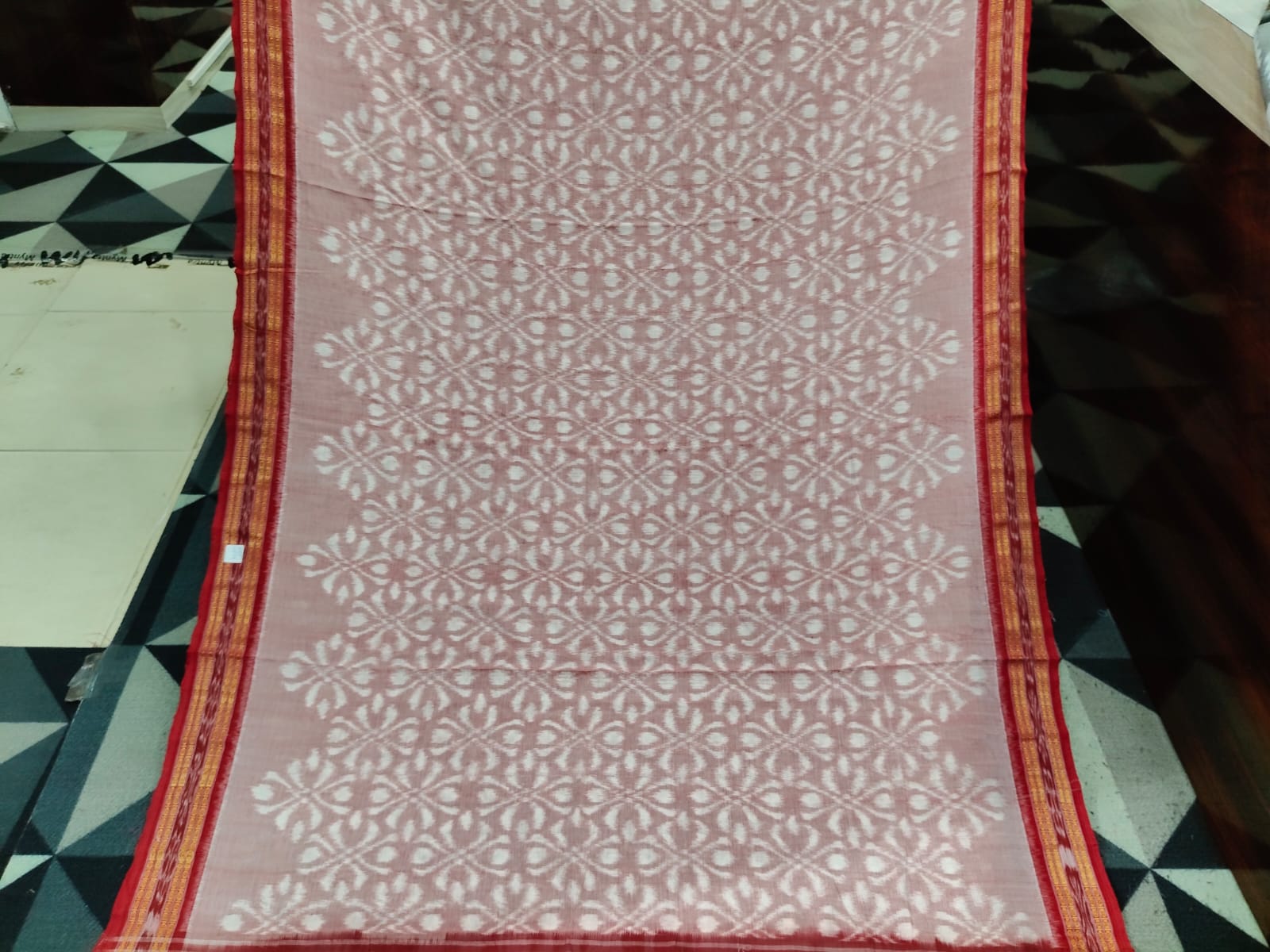 Peach Red Flower Design Khandua Cotton Saree