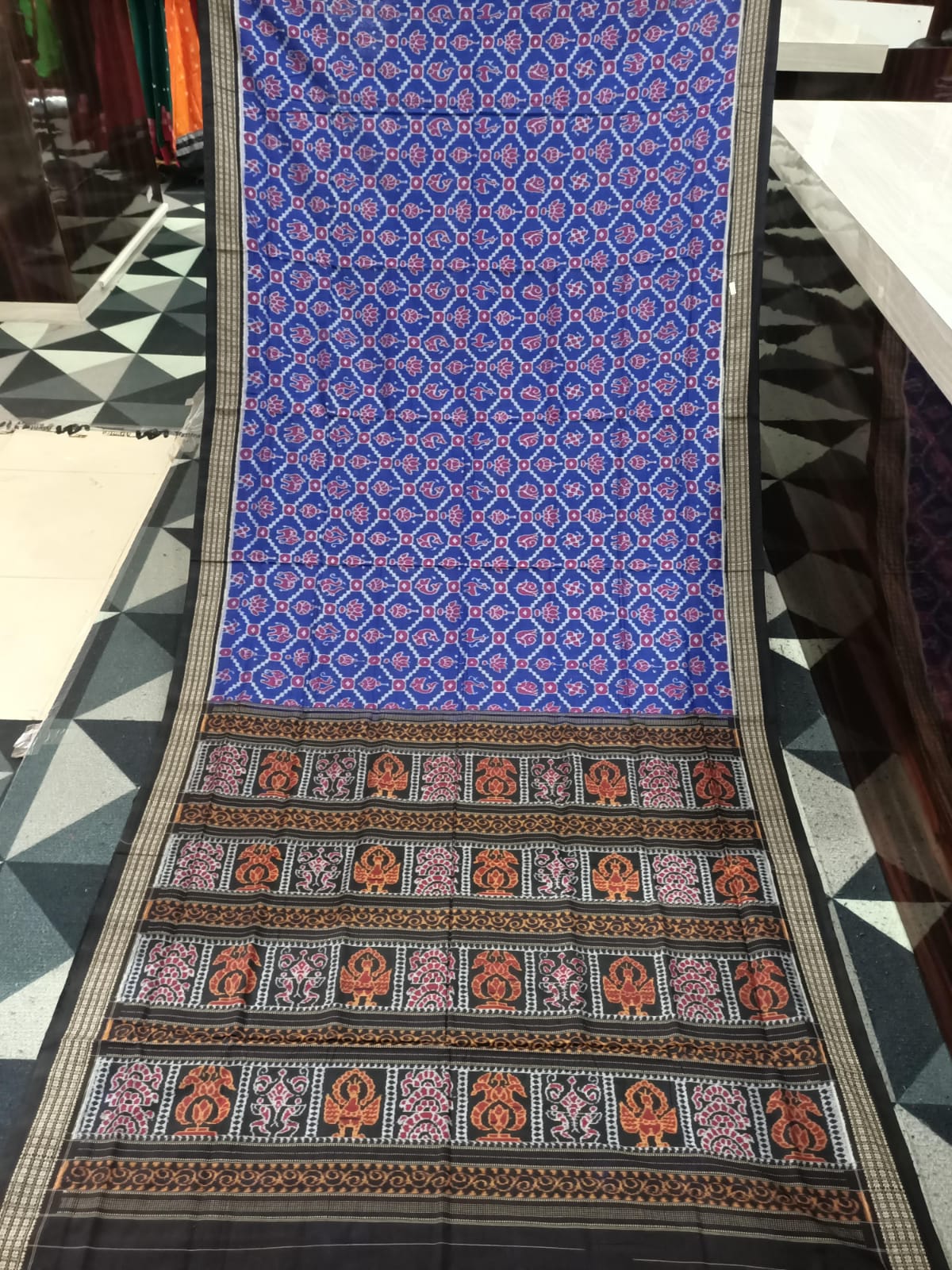 Blue Black Traditional Motive Design Sambalpuri Cotton Saree