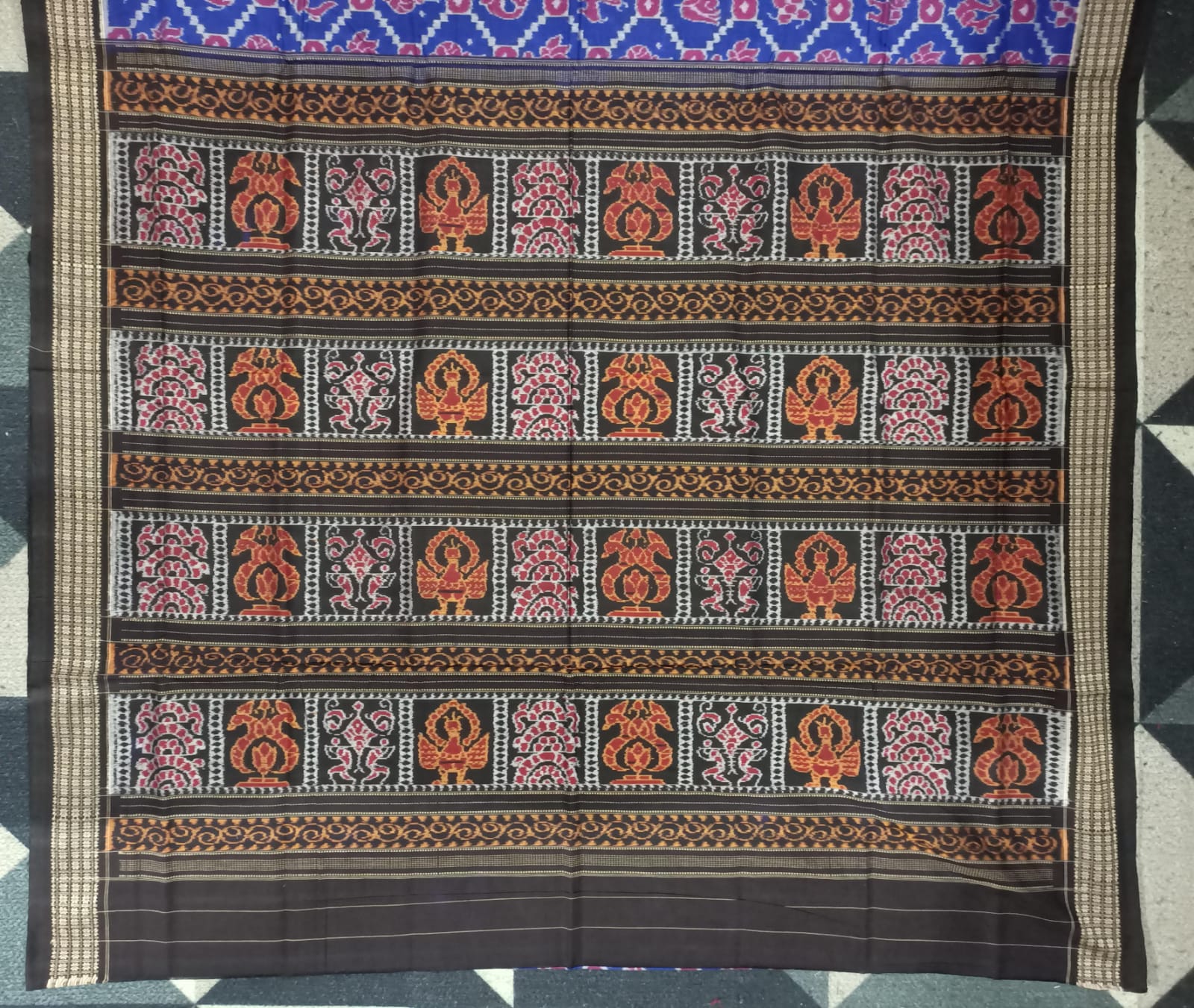 Blue Black Traditional Motive Design Sambalpuri Cotton Saree