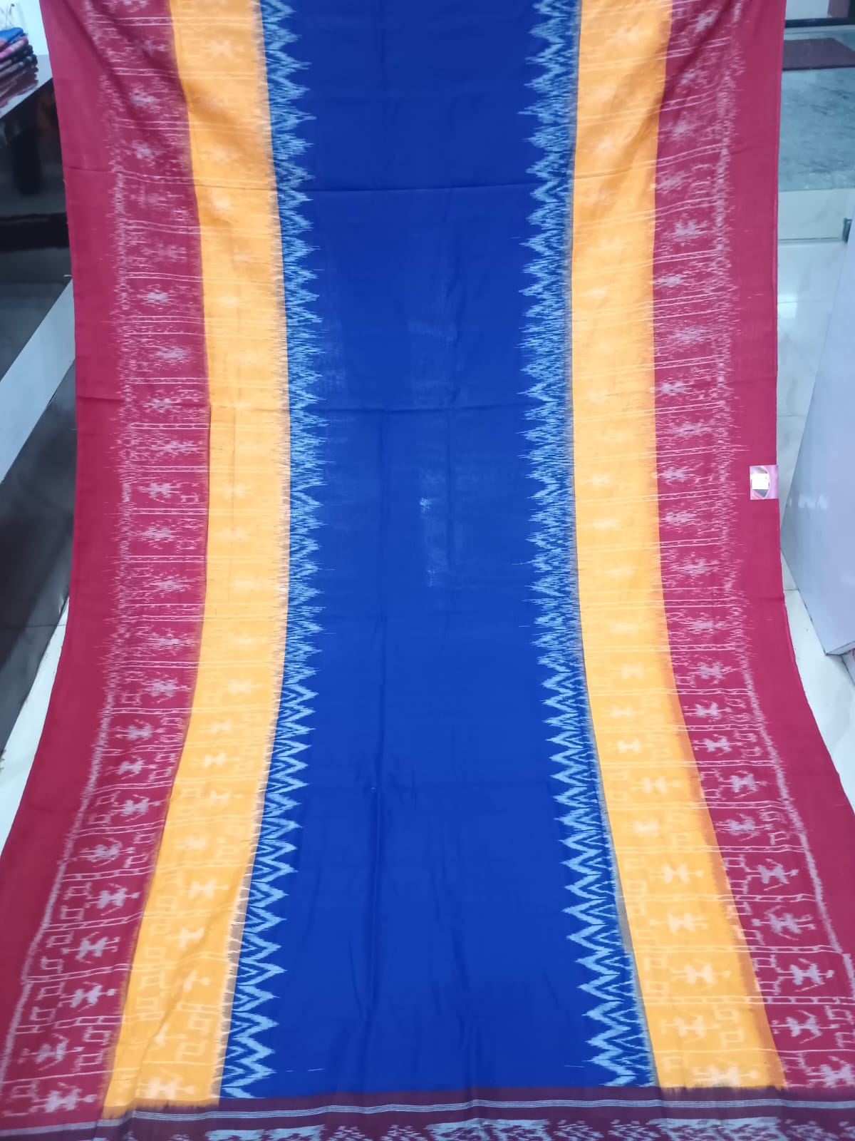 Blue Red Scot Tribal Design Khandua Cotton Saree