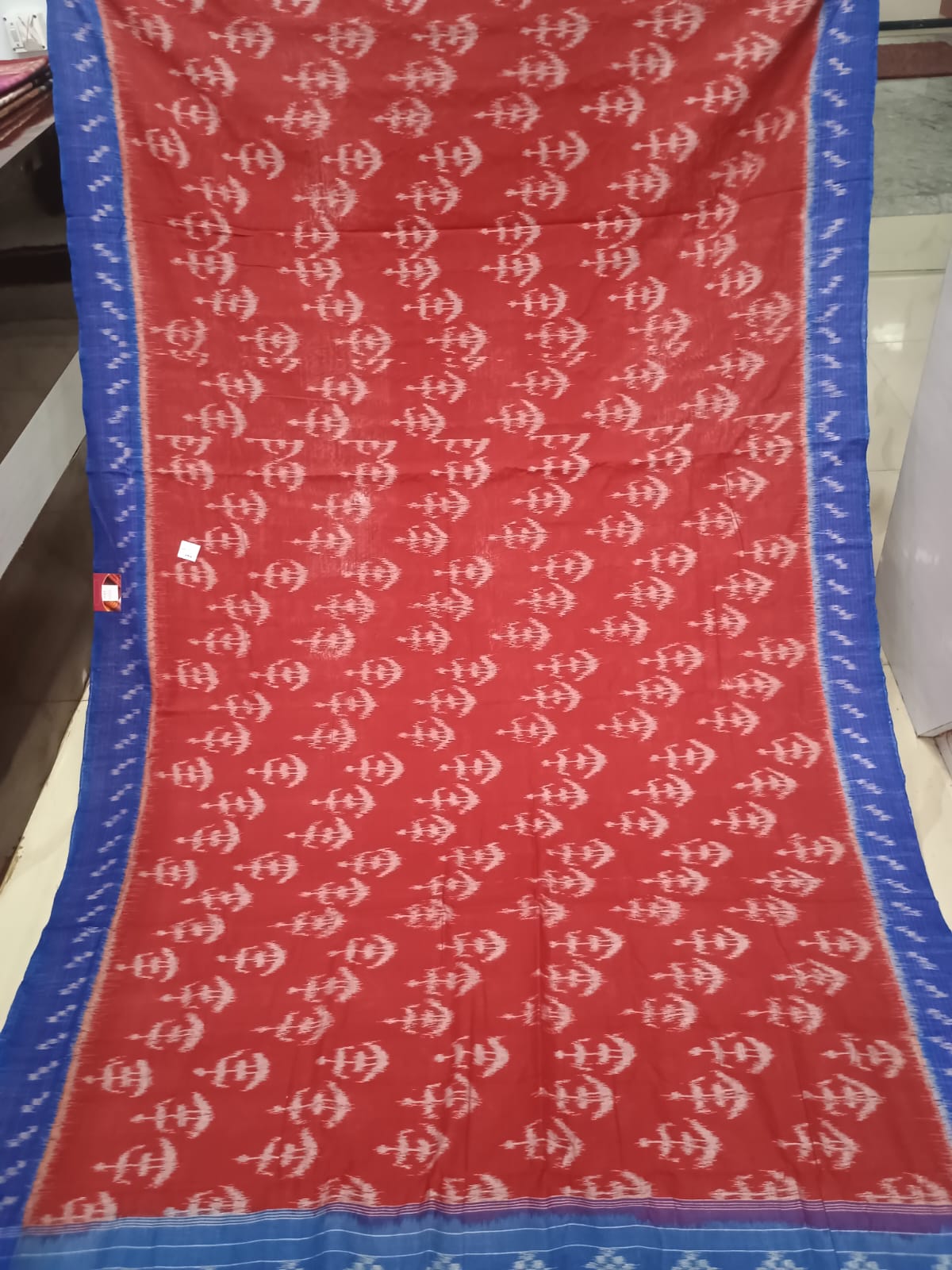 Maroon Blue Tribal Design Khandua Cotton Saree